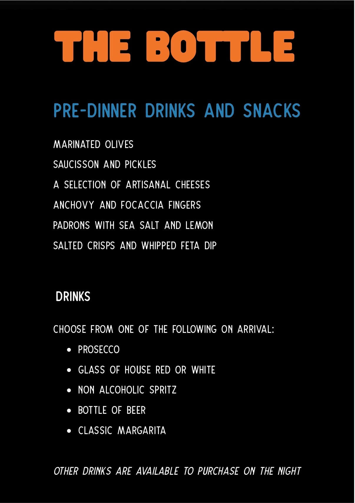 The Bottle pre-dinner drinks and snacks menu for the progressive dining event