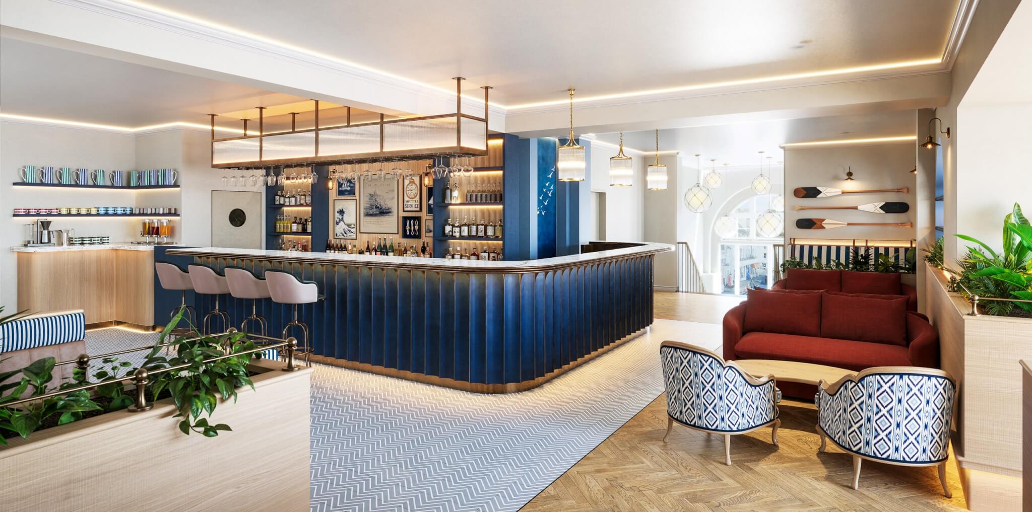 Render of the bar and arrival area at Elysium St Mawes