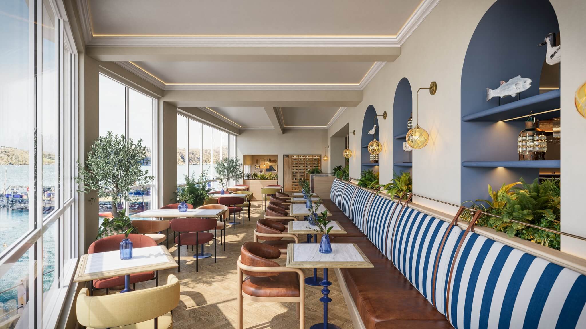 Render of the waterfront restaurant at Elysium St Mawes with harbour views