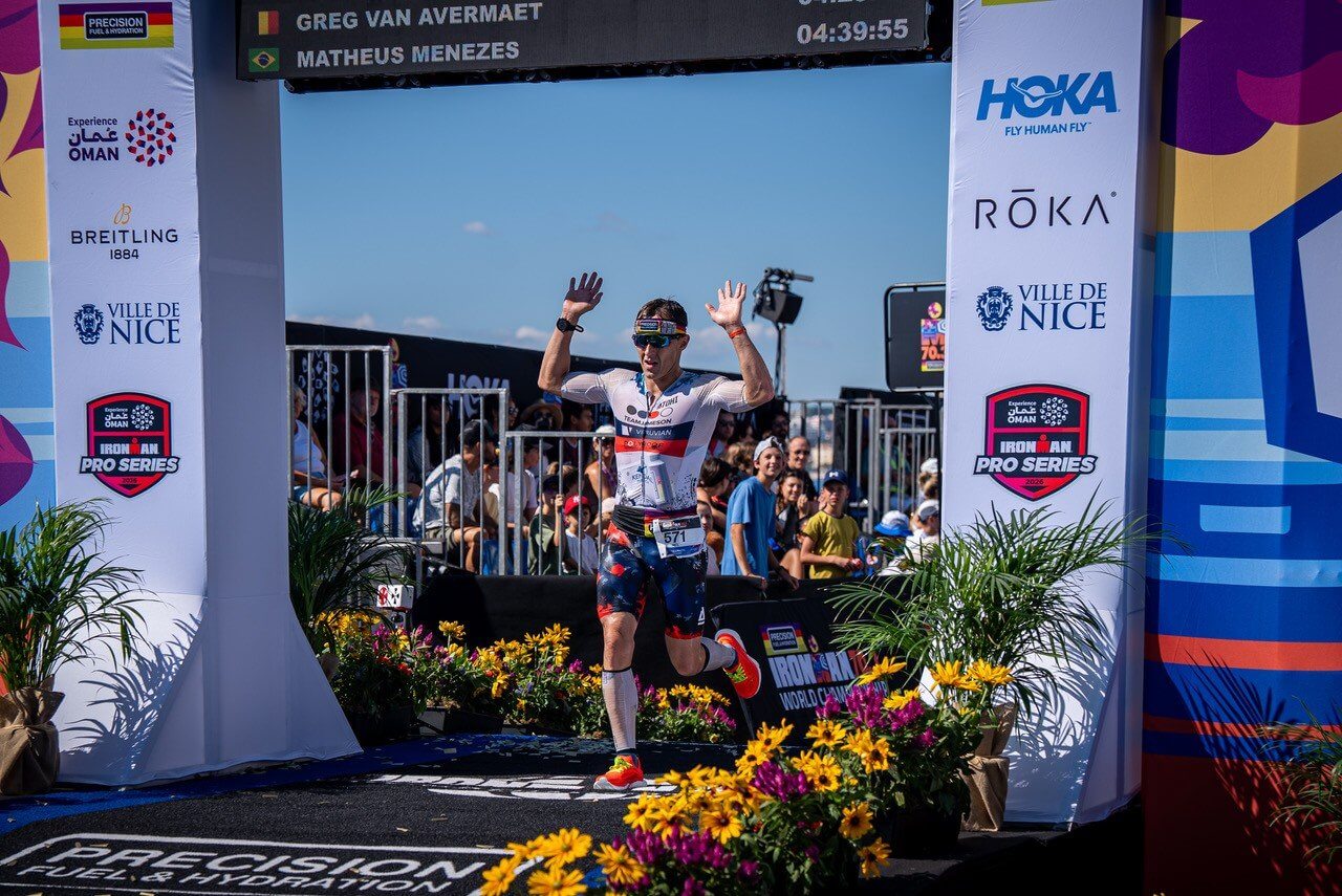 Neil Eddy crossing the finish line at the IRONMAN 70.3 World Championship in Nice