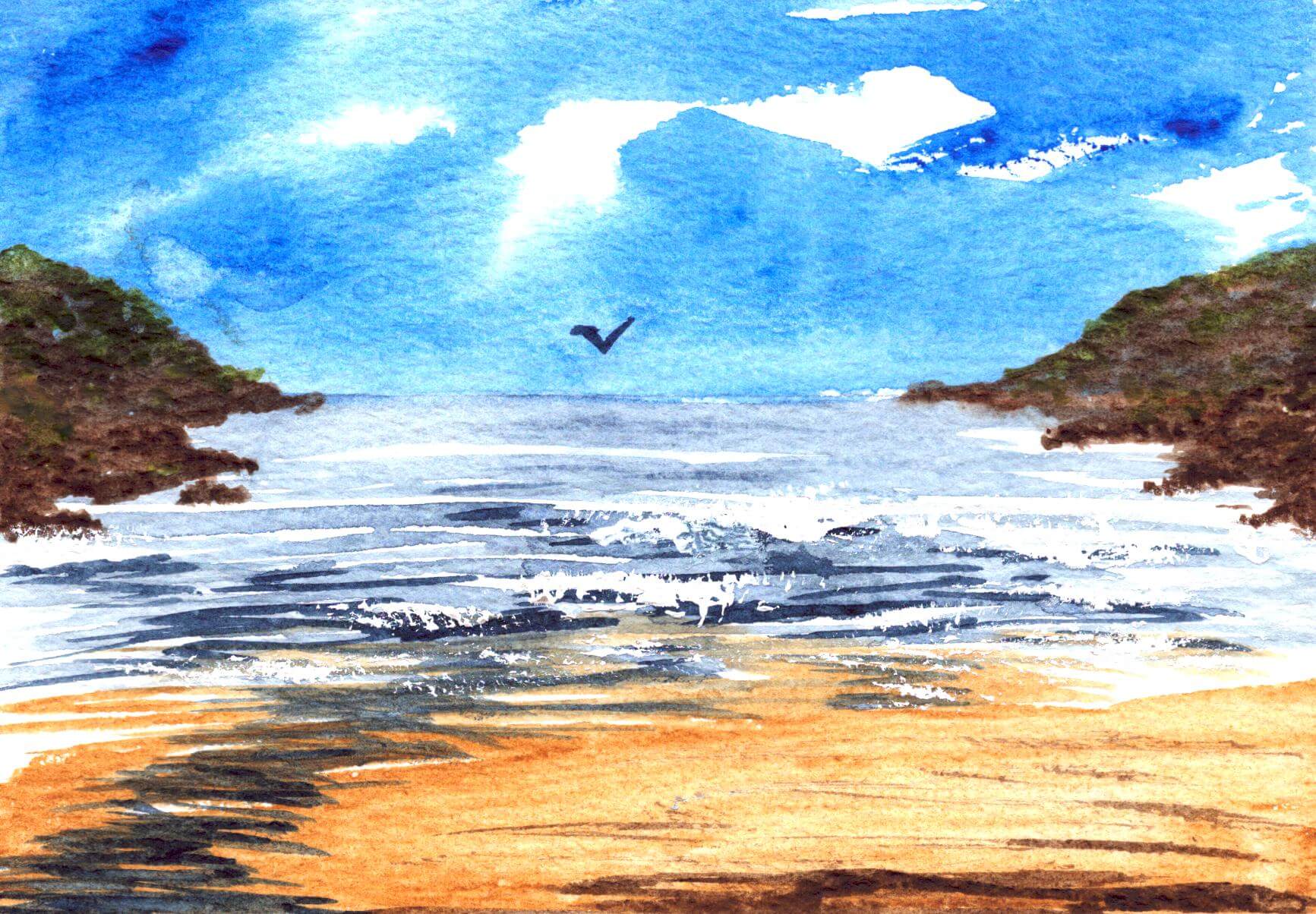 Watercolour postcard of Mawgan Porth beach between two headlands