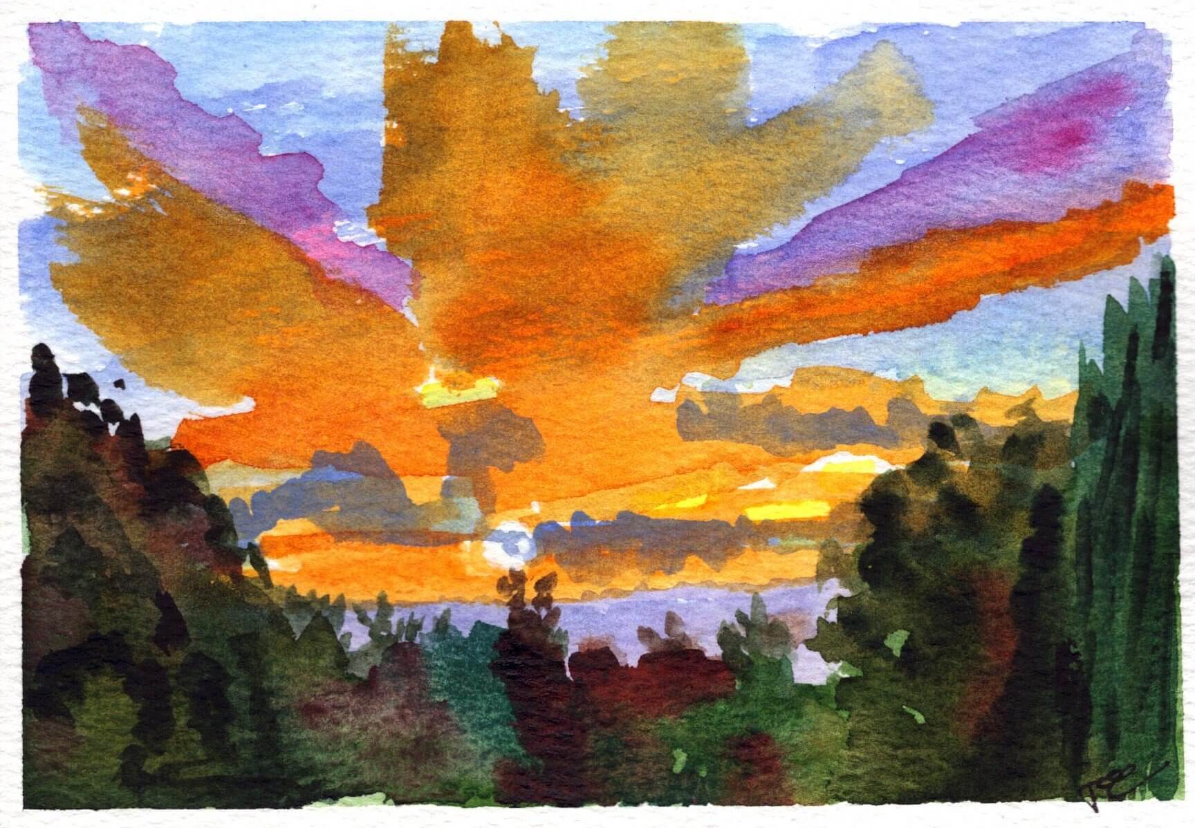 Watercolour postcard of an orange sunset at Par
