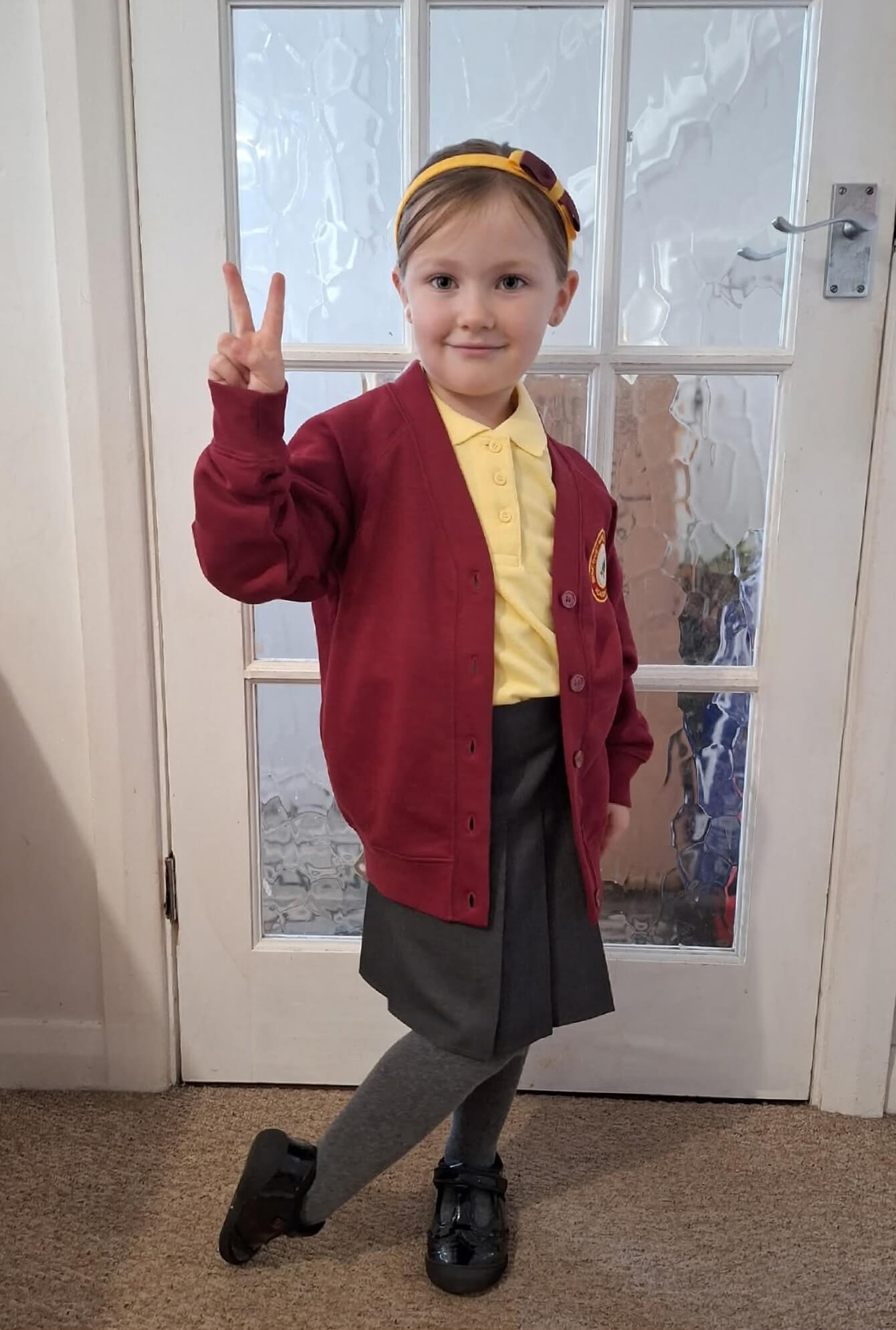 Grace in her Biscovey Primary Academy school uniform on her first day