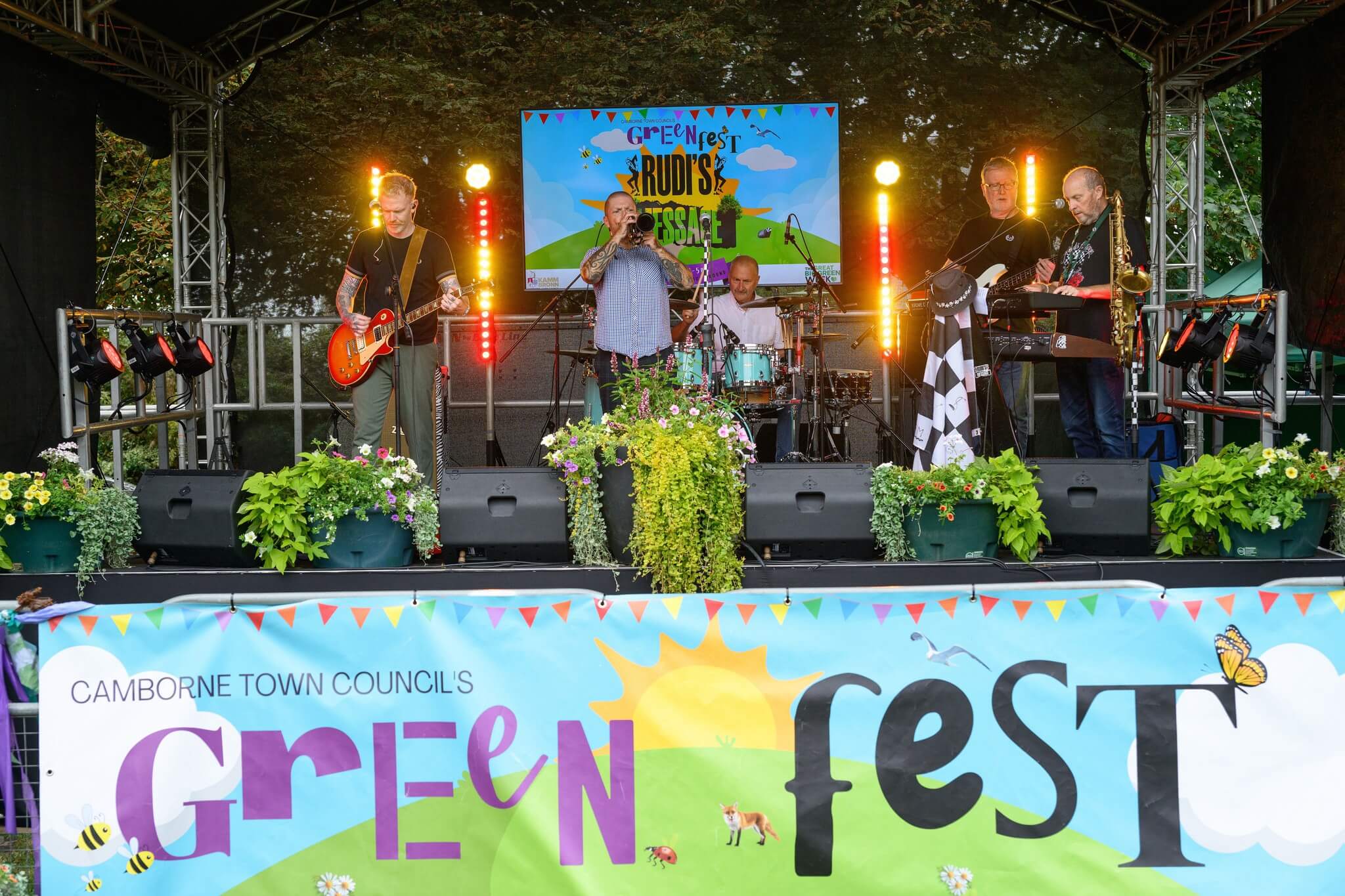 Band playing on the Green Fest main stage at Camborne Recreation Ground