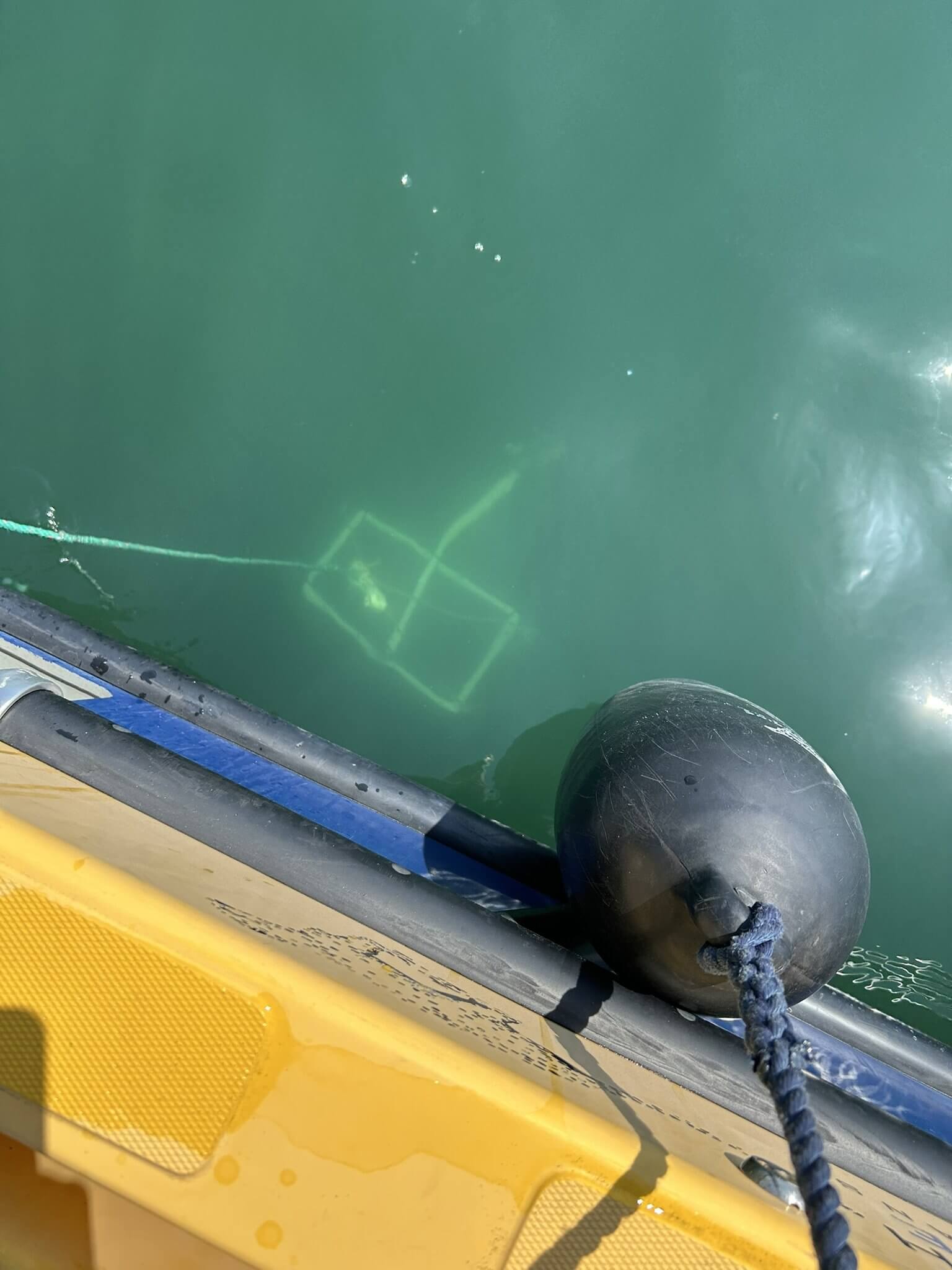 Baited underwater camera rig beside a boat in Falmouth Harbour