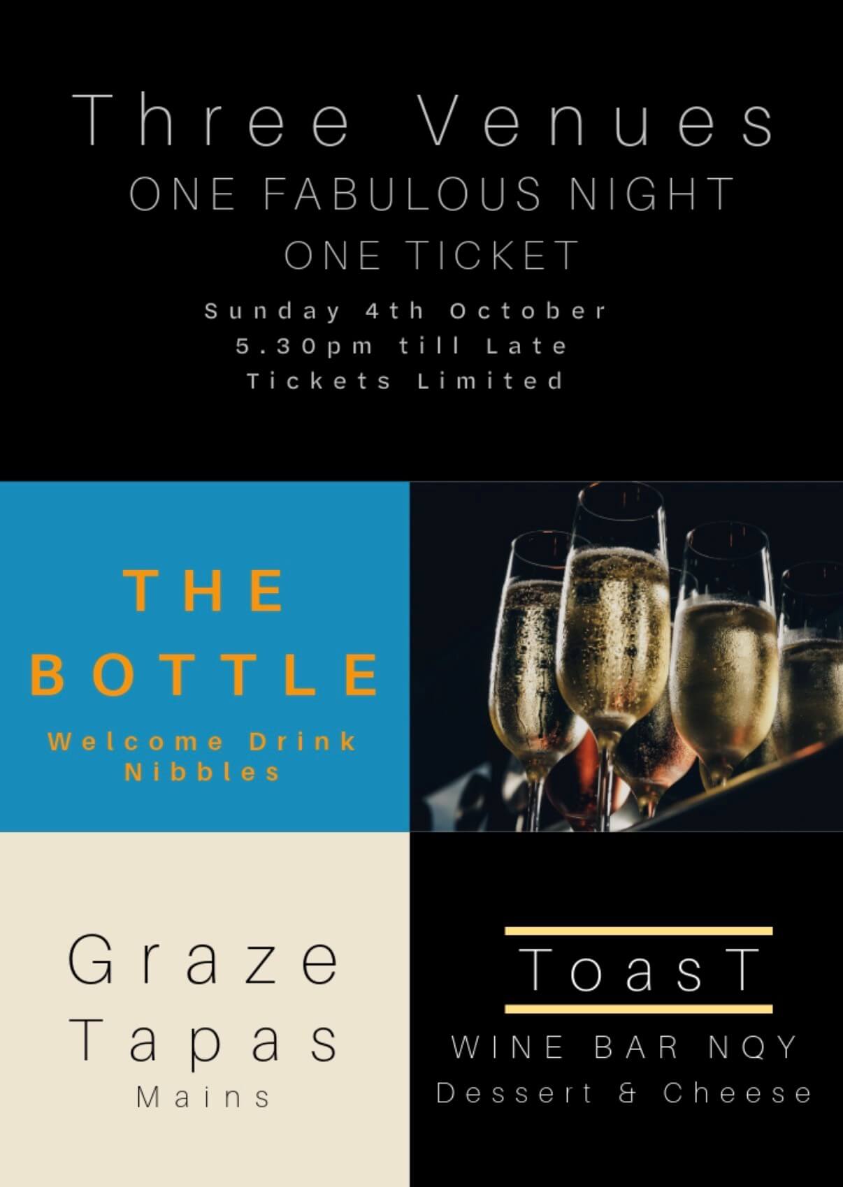 Three Venues, One Fabulous Night, One Ticket poster for the Newquay progressive dining event