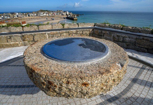 The historic millwheel reinstated on the Malakoff overlooking St Ives harbour