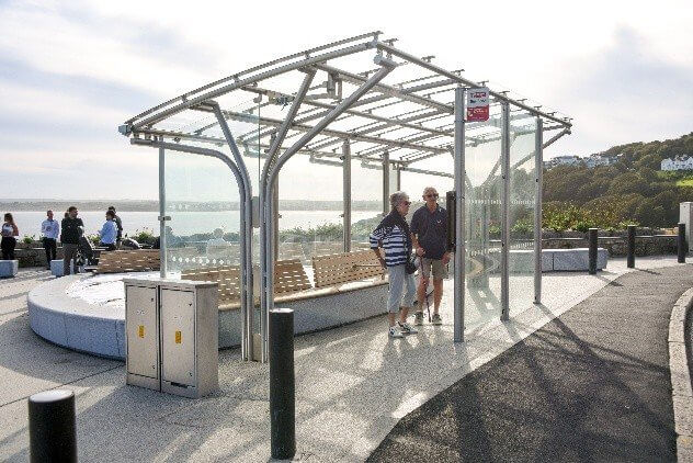 The new glass and steel bus shelter on the Malakoff, St Ives