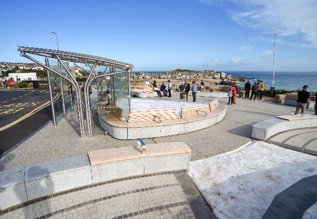 The finished Malakoff open space with bus shelter, benches and views of St Ives