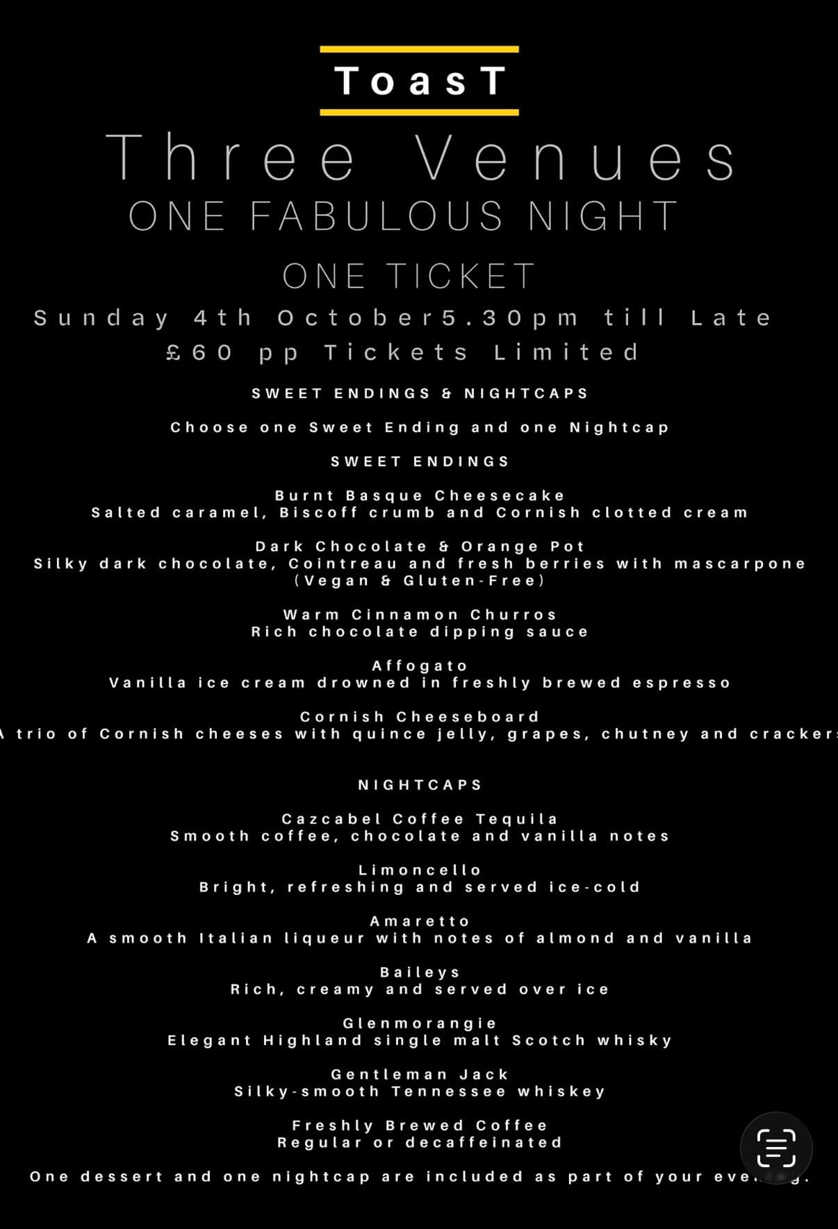 Toast Wine Bar NQY desserts and nightcaps menu for the progressive dining event