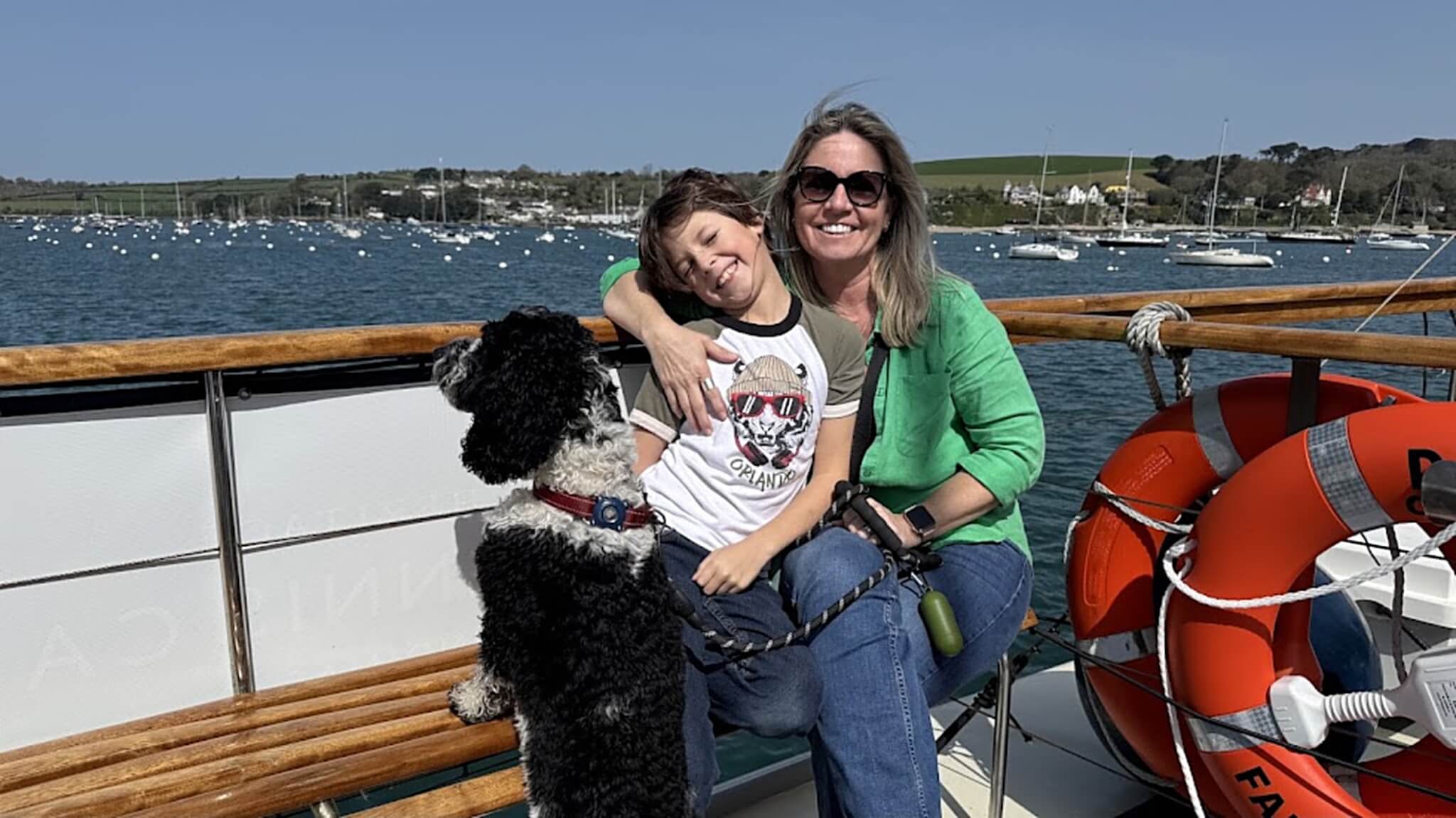 Vikki and William Orchard with dog Lola on the St Mawes ferry