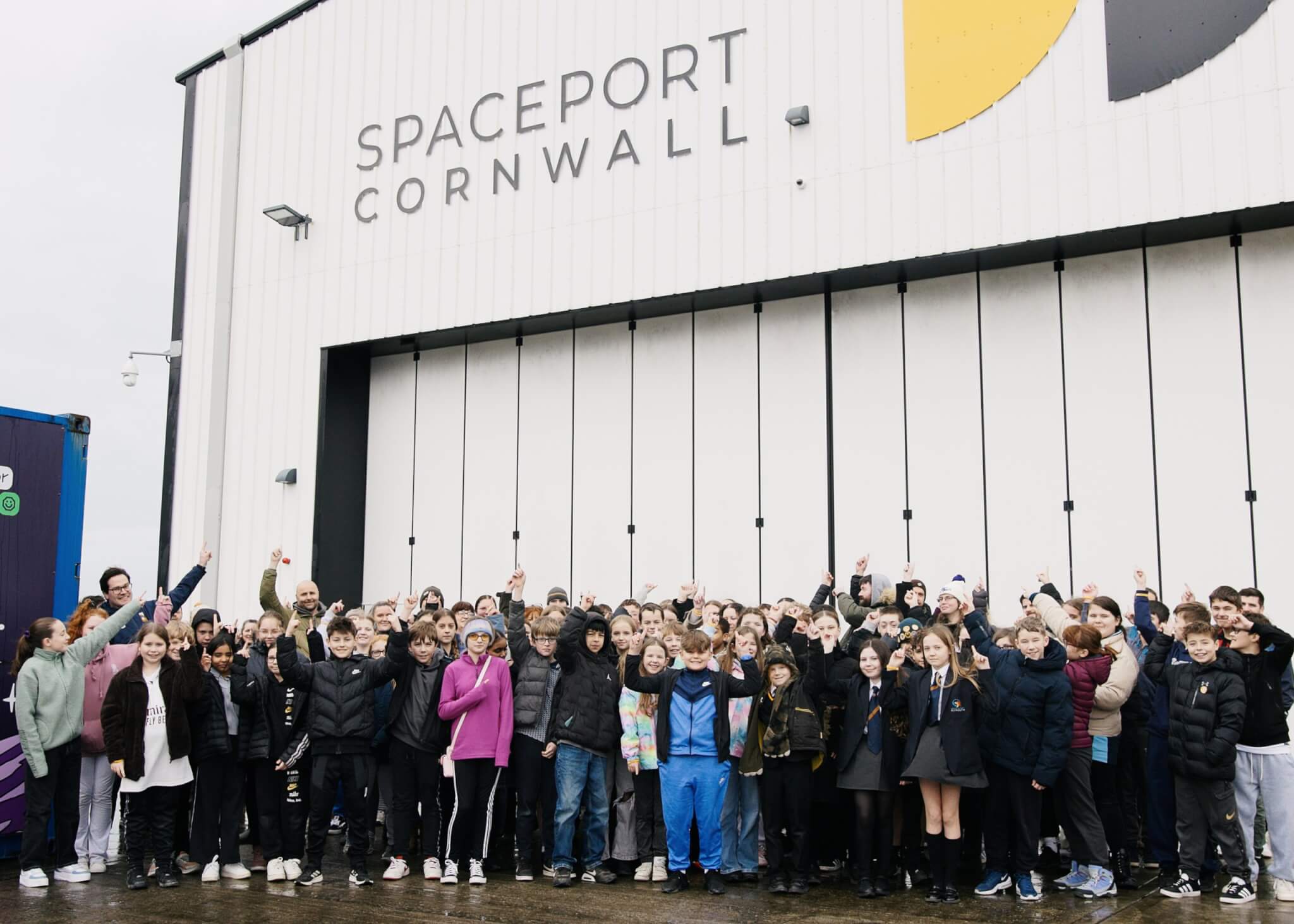 Year 7 students from the Your Future Story programme outside the Spaceport Cornwall hangar