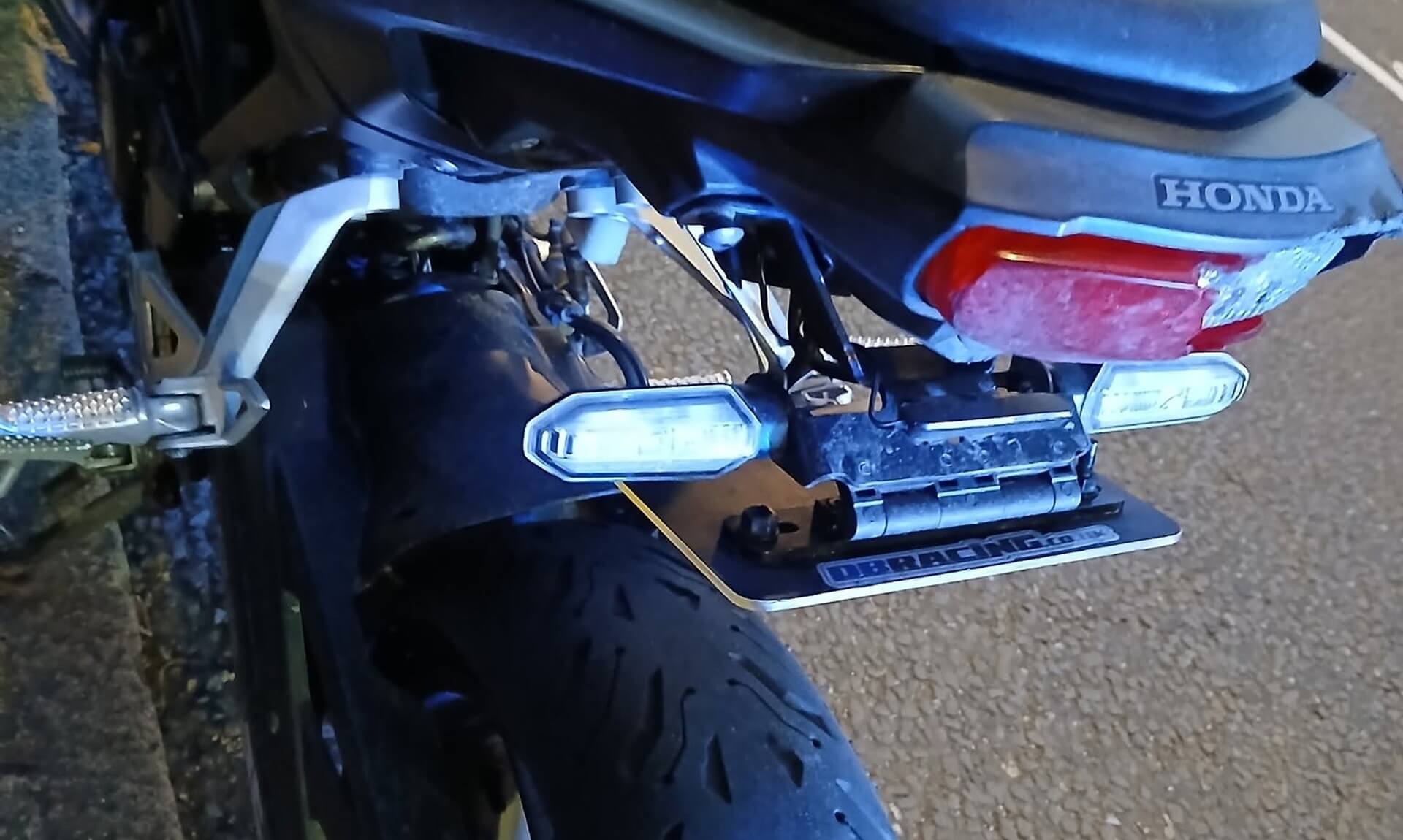 Flipper number plate mount fitted to the rear of a seized motorbike