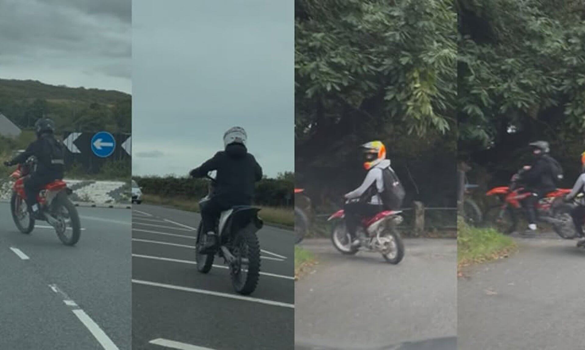 Riders on off-road motorbikes on the A391 near Stenalees