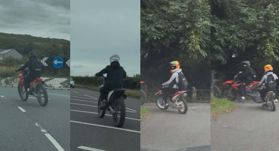 Four photos of riders on off-road motorbikes on and near the A391 in the Stenalees, Carluddon and Penwithick area