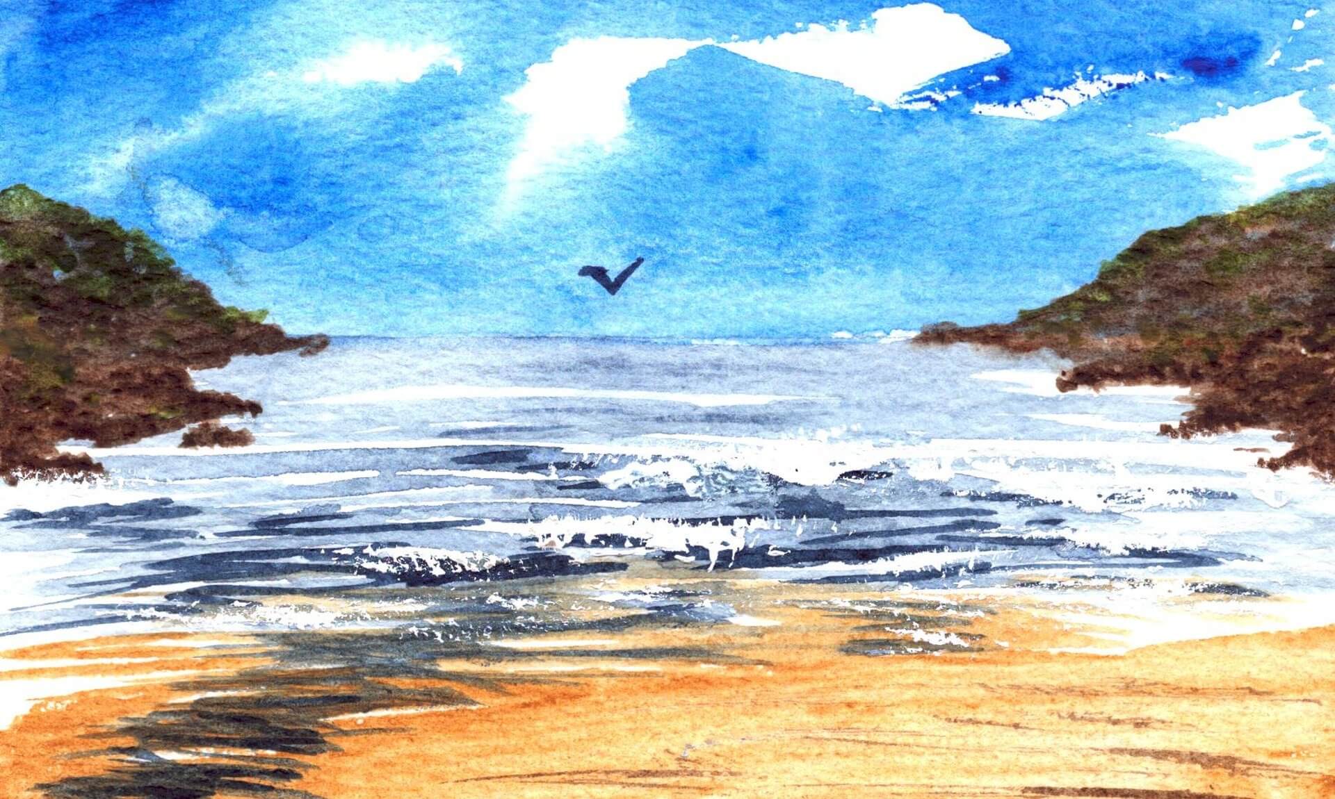 Watercolour postcard of Mawgan Porth beach between two headlands