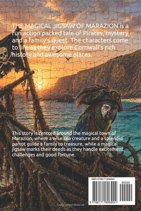 Back cover of The Magical Jigsaw of Marazion, showing a pirate ship and parrot at sunset