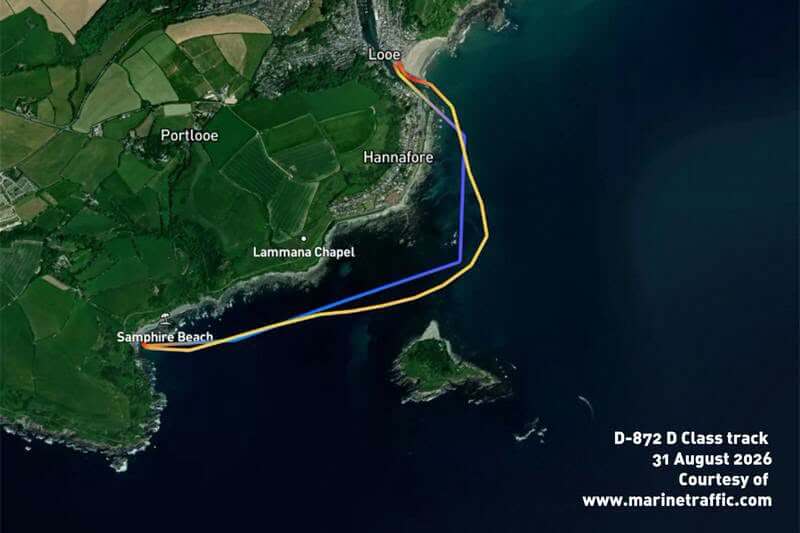 Marine traffic map showing the D Class lifeboat's track off Banjo Pier