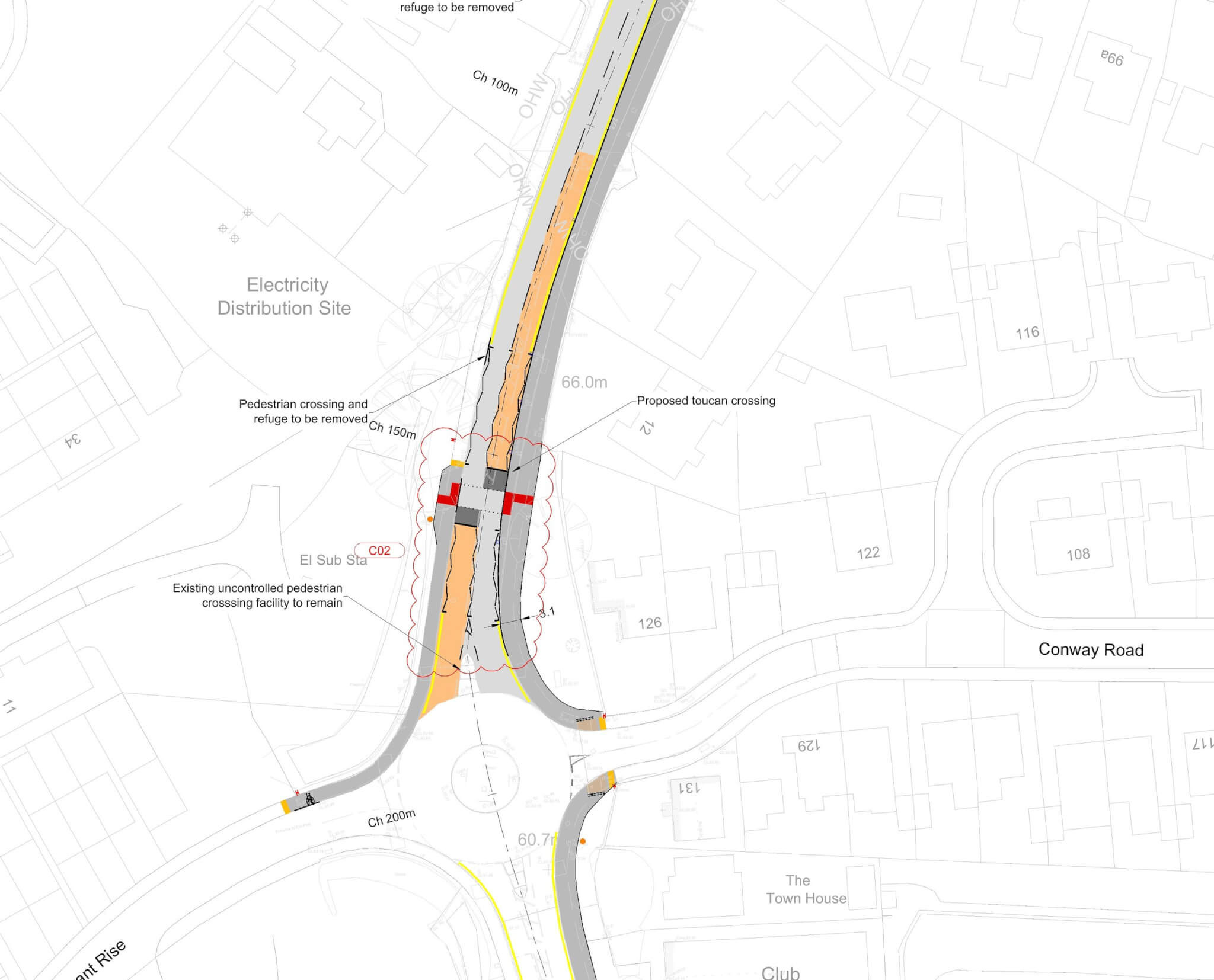 Plan of a new toucan crossing on Bickland Water Road near the Levant Rise roundabout
