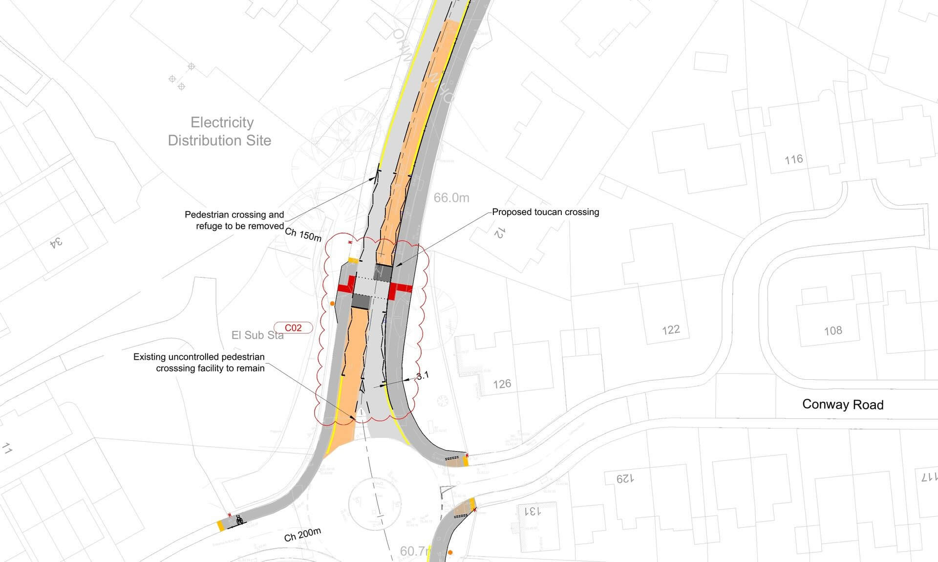 Plan of a new toucan crossing on Bickland Water Road near the Levant Rise roundabout