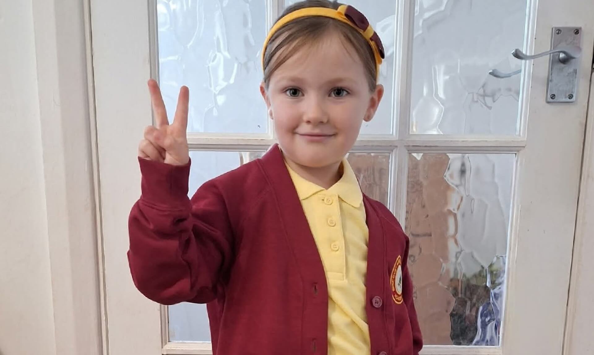 Grace in her Biscovey Primary Academy school uniform on her first day