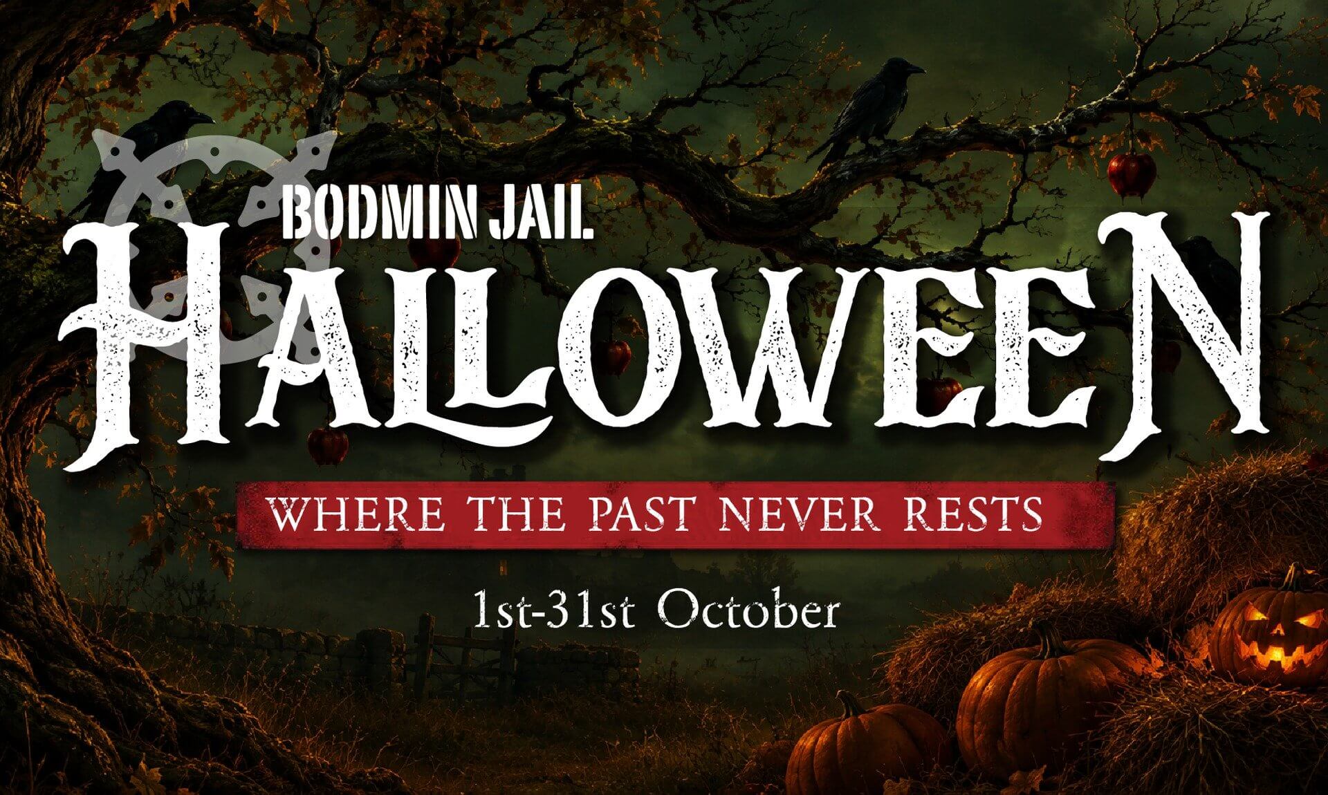 Bodmin Jail Halloween poster with pumpkins and a twisted tree, 1 to 31 October