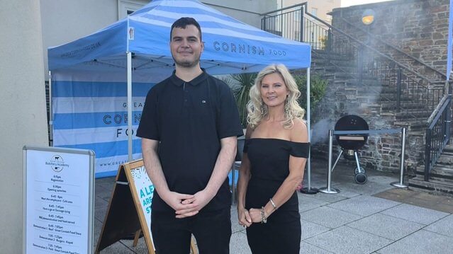 Bailey Tremayne and Tercia Cummins outside a Cornish Food gazebo at the Butchery Academy launch