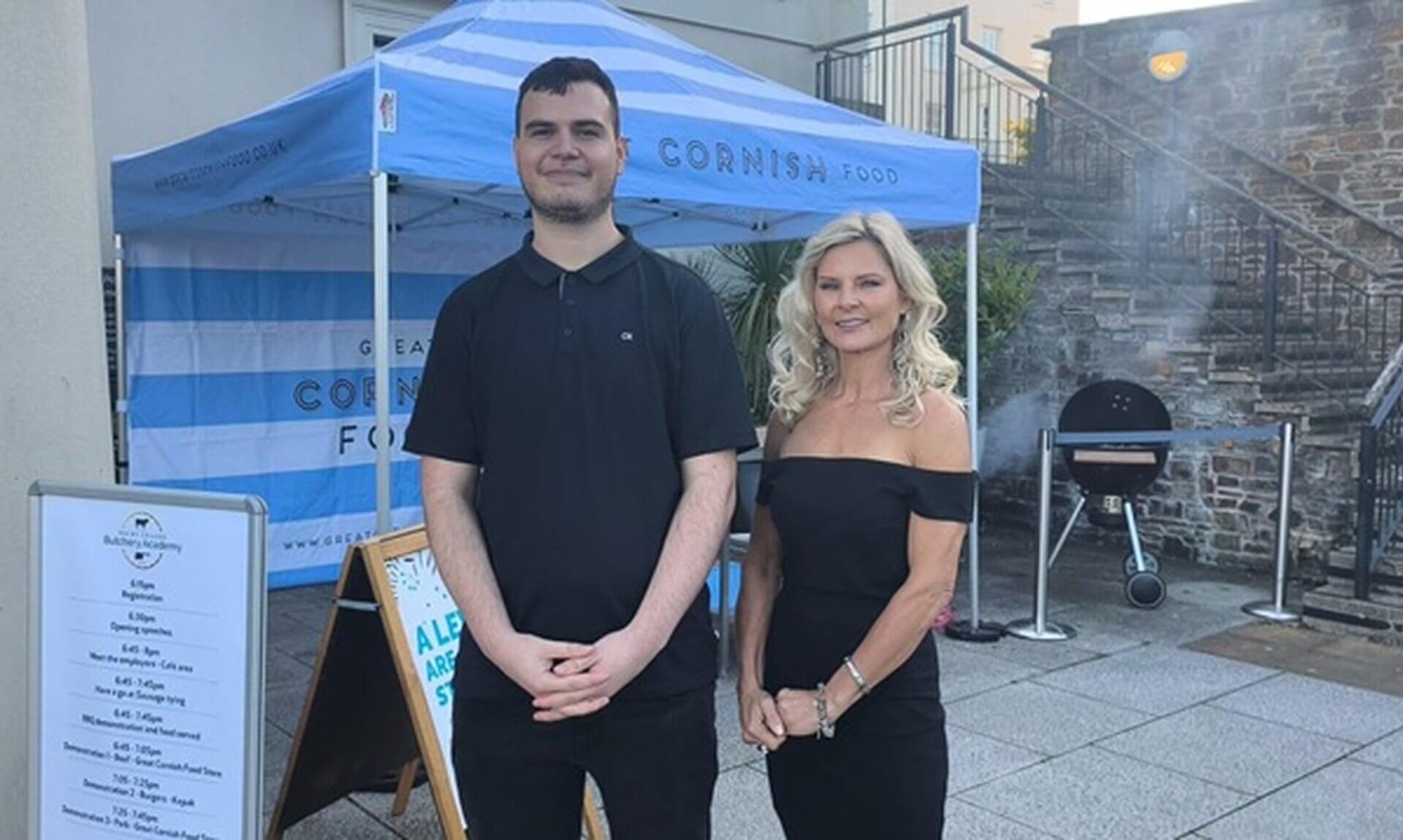 Bailey Tremayne and Tercia Cummins outside a Cornish Food gazebo at the Butchery Academy launch