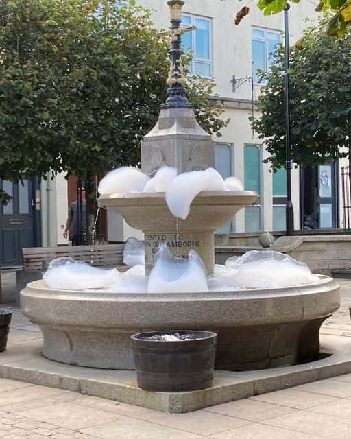 Camborne town centre fountain filled with foam
