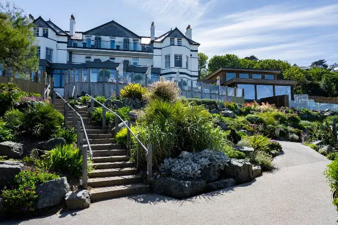 Carbis Bay Hotel and Estate gardens above the beach, St Ives