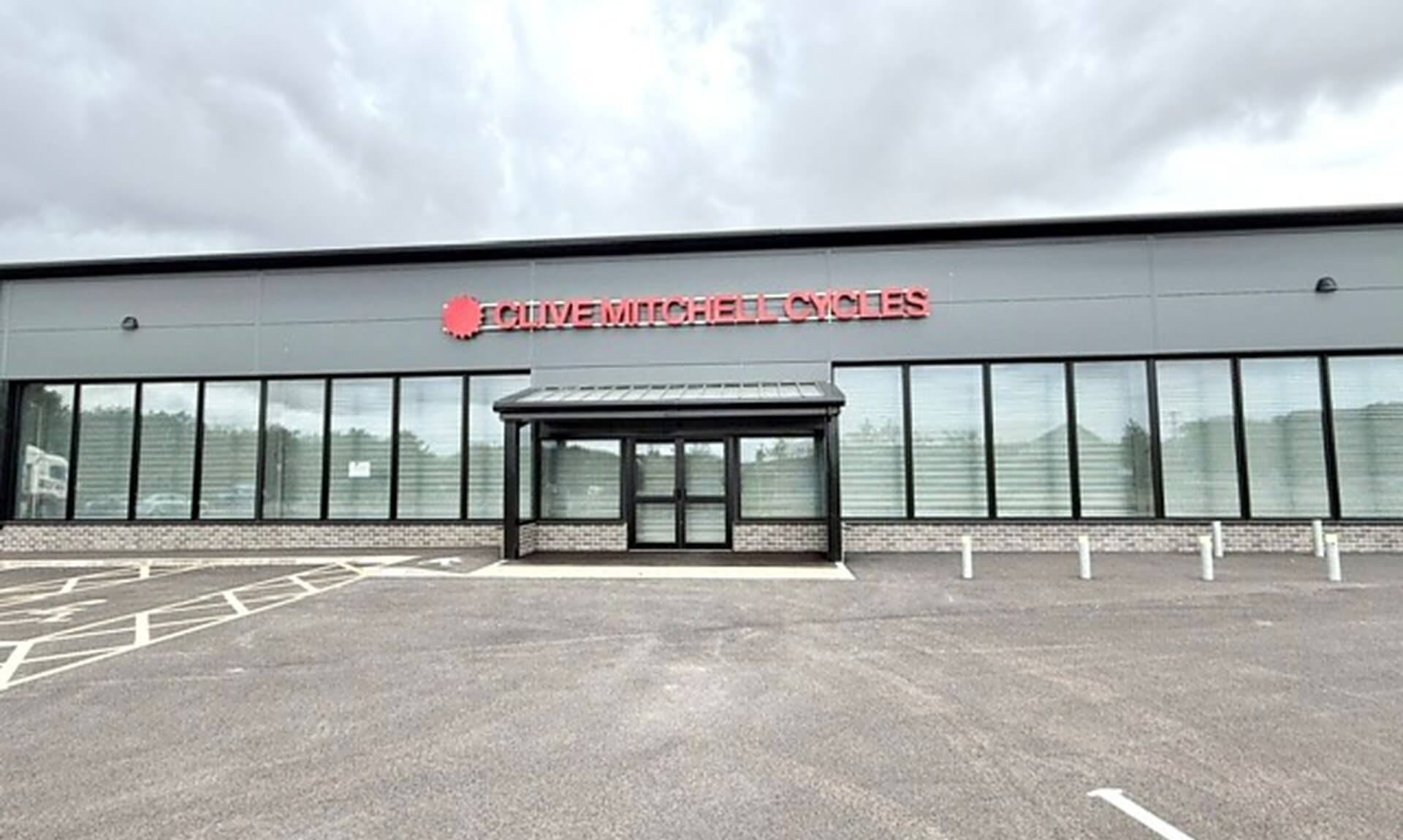Clive Mitchell Cycles' new showroom exterior at Summercourt near Newquay