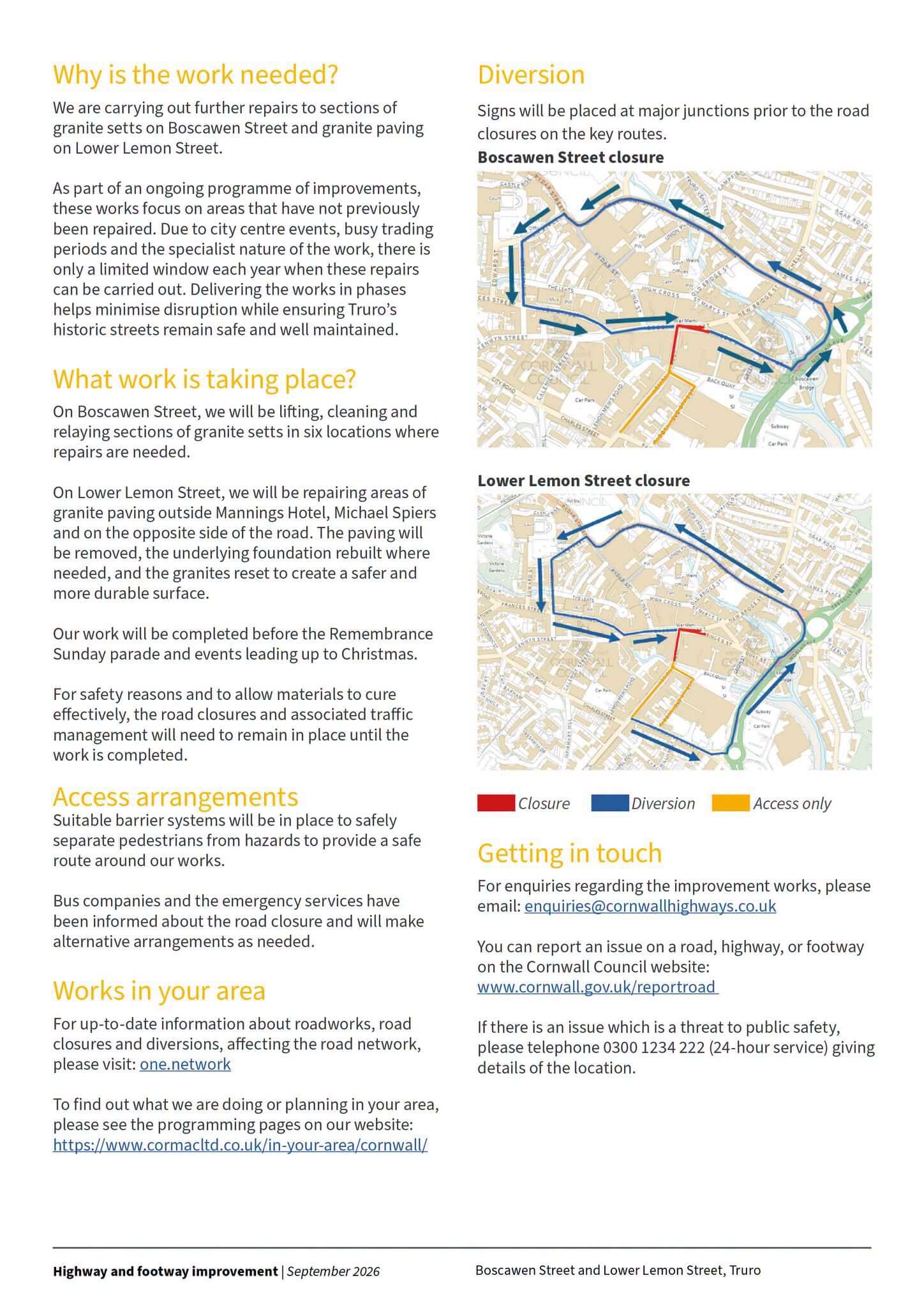 Cormac diversion maps for the Boscawen Street and Lower Lemon Street closures in Truro