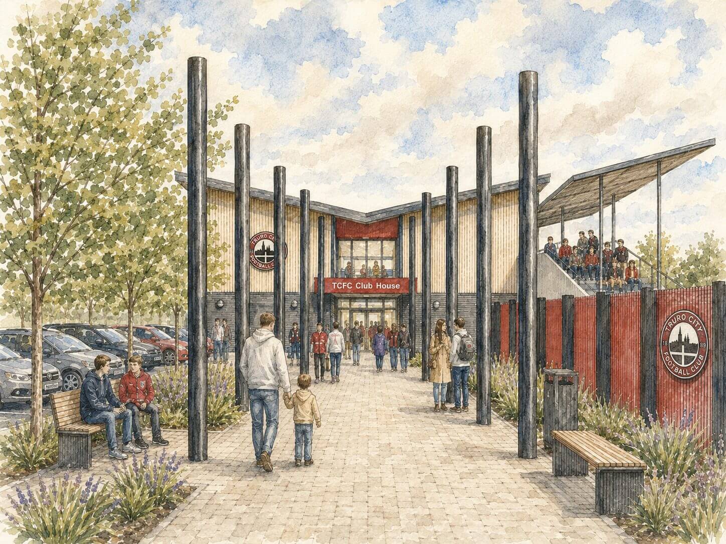 Illustration of the entrance to the proposed new TCFC clubhouse
