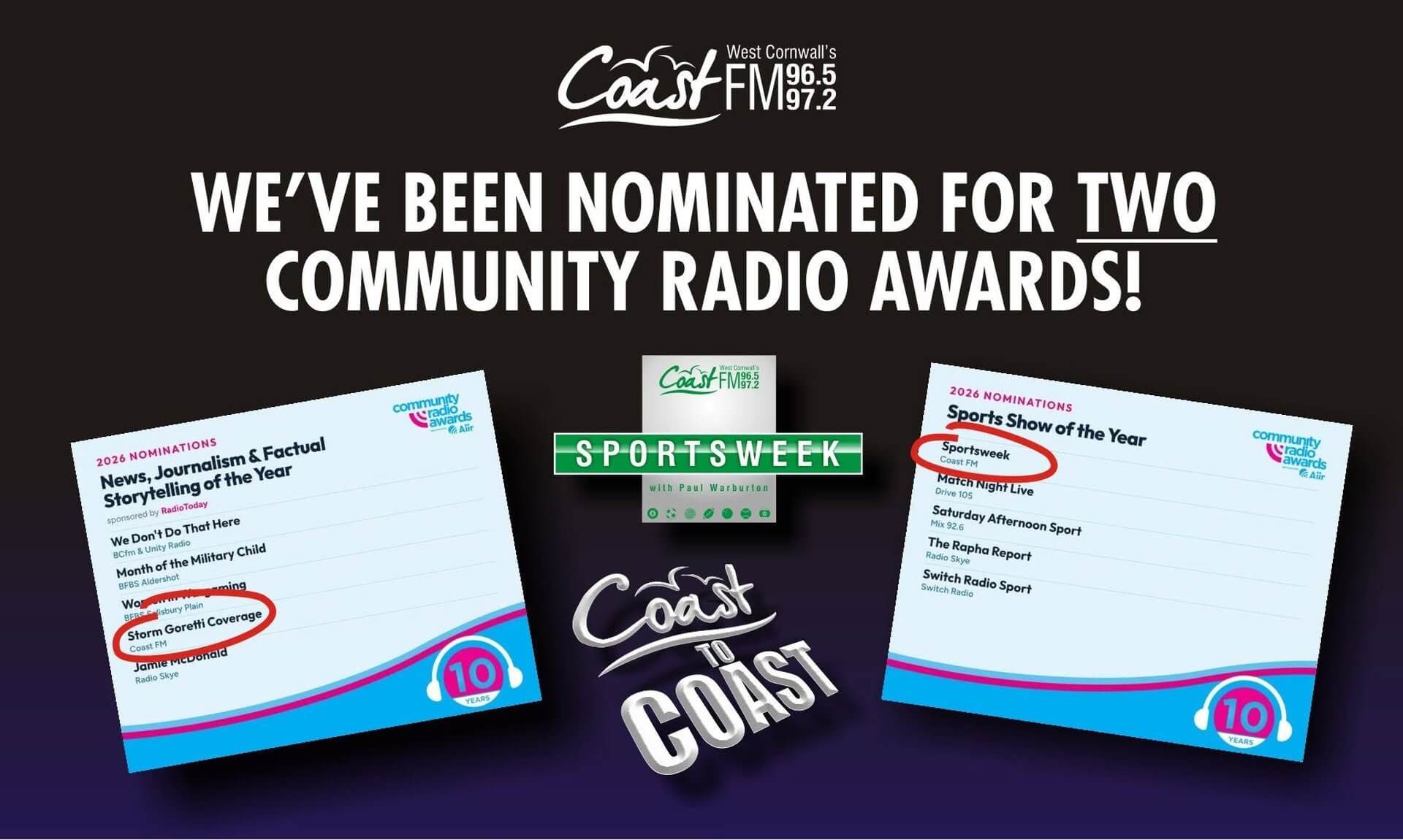 Coast FM graphic announcing two 2026 Community Radio Awards nominations