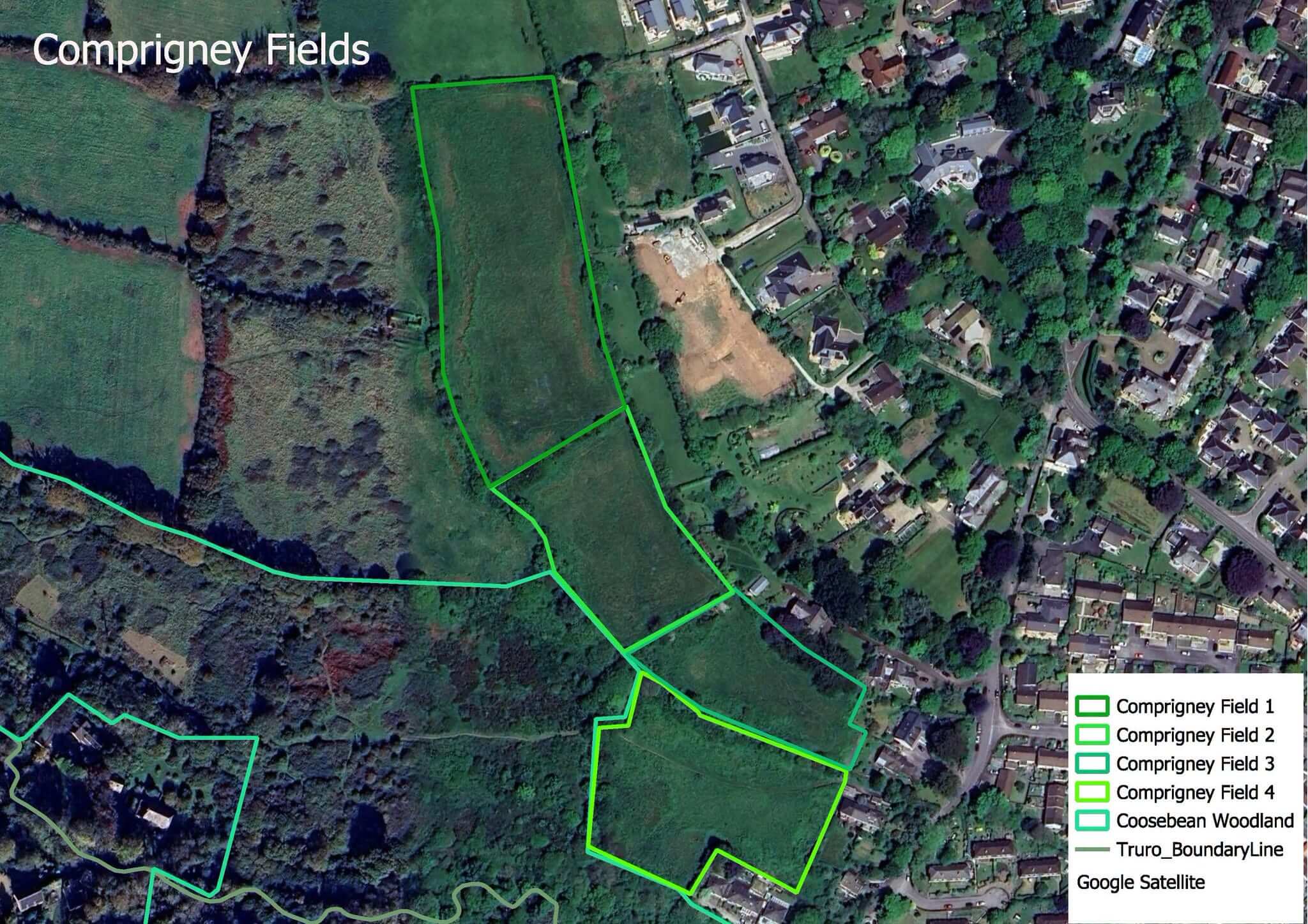 Satellite map of Comprigney Fields 1 to 4 and Coosebean Woodland at Comprigney Hill, Truro