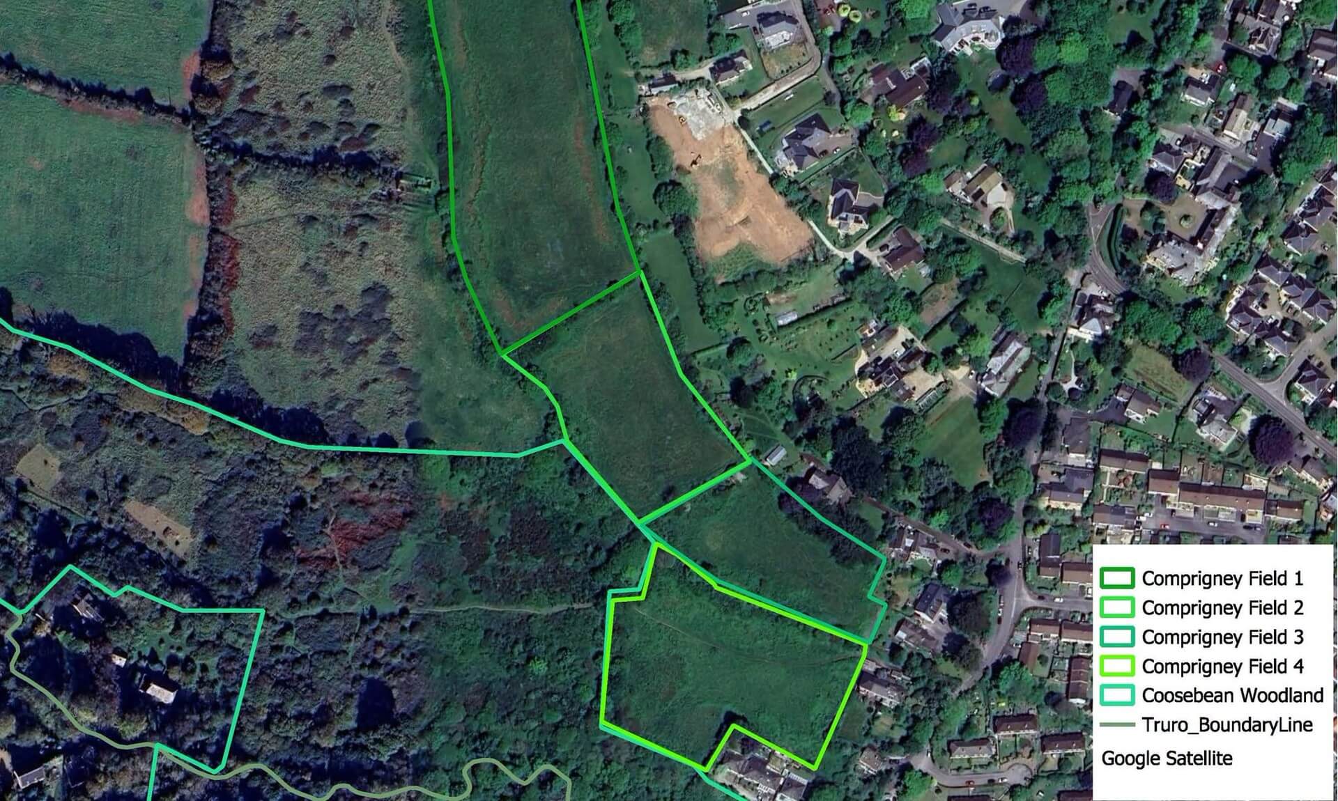 Satellite map of Comprigney Fields 1 to 4 and Coosebean Woodland at Comprigney Hill, Truro