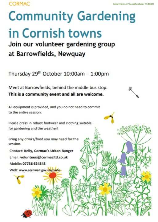 Cormac community gardening poster for the Barrowfields, Newquay, Thursday 29 October