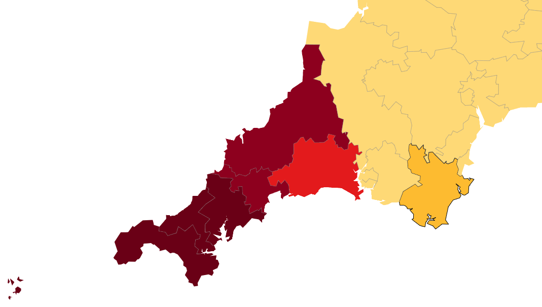 Map shading Cornwall and Devon constituencies by the share of their population who signed the Cornish tick box petition