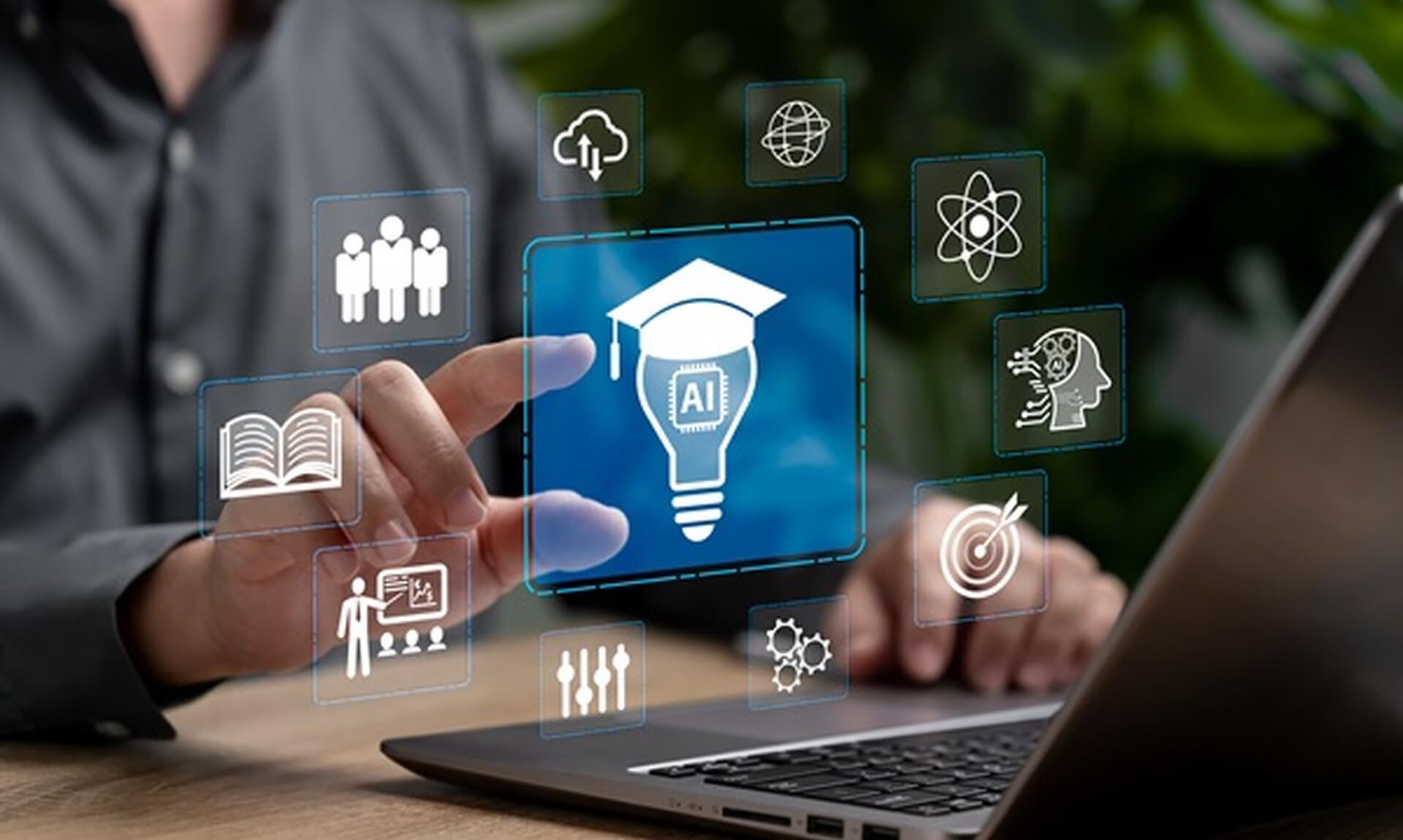 AI and technical education icons overlaid on a laptop, illustrating Cornwall College Group's support for teaching AI from Year 10