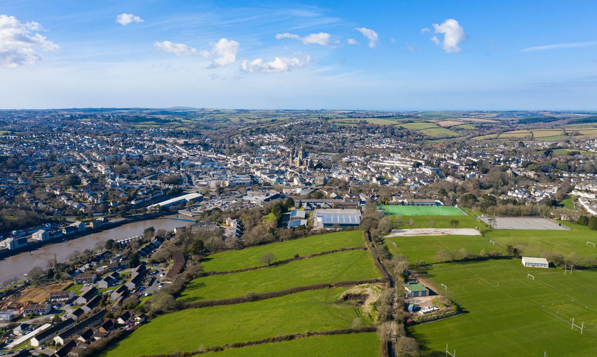 Aerial view of Truro, Cornwall, with the cathedral and surrounding town visible