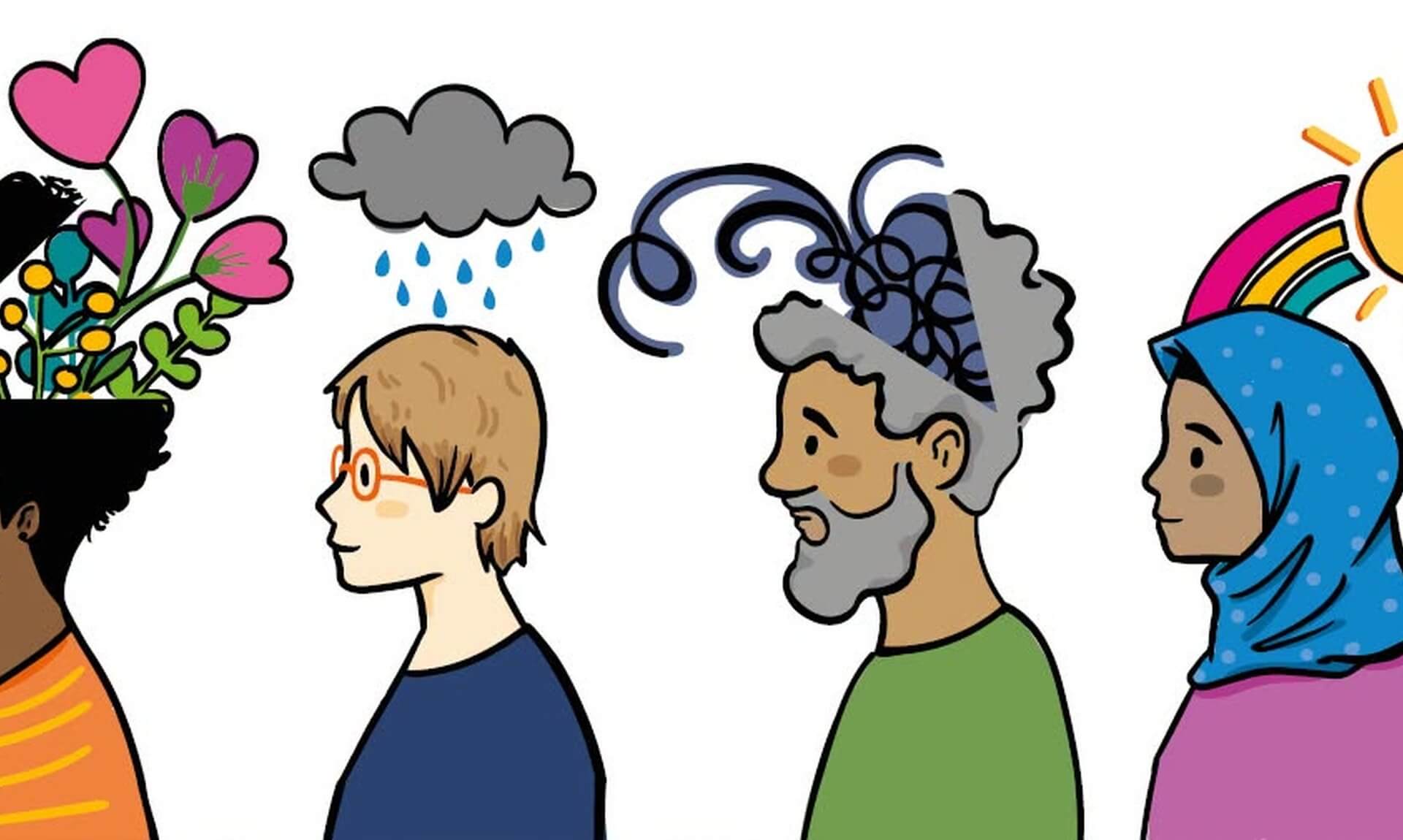 Illustration of four people with weather and nature symbols above their heads, representing different mental states