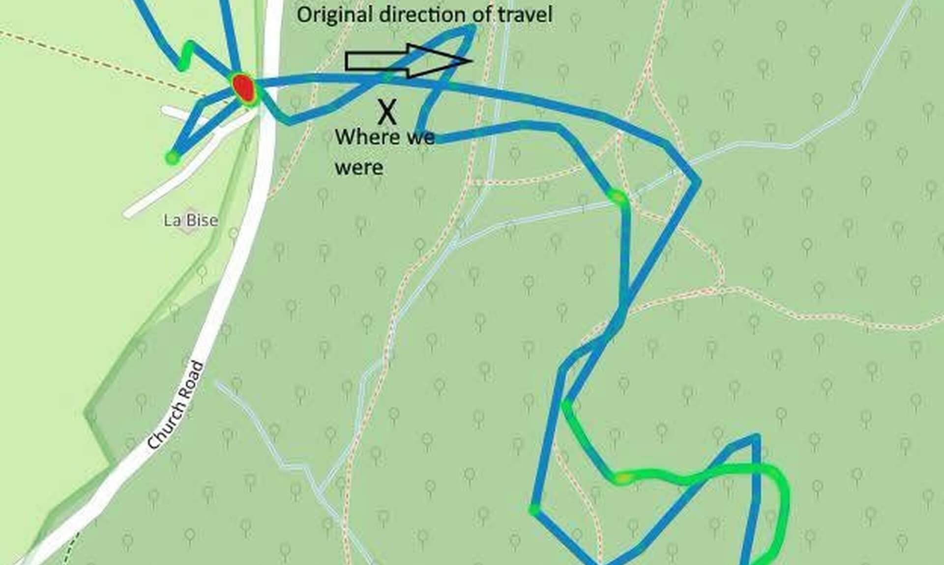 Map showing search dog Lexi's tracked route back to the point she was last seen
