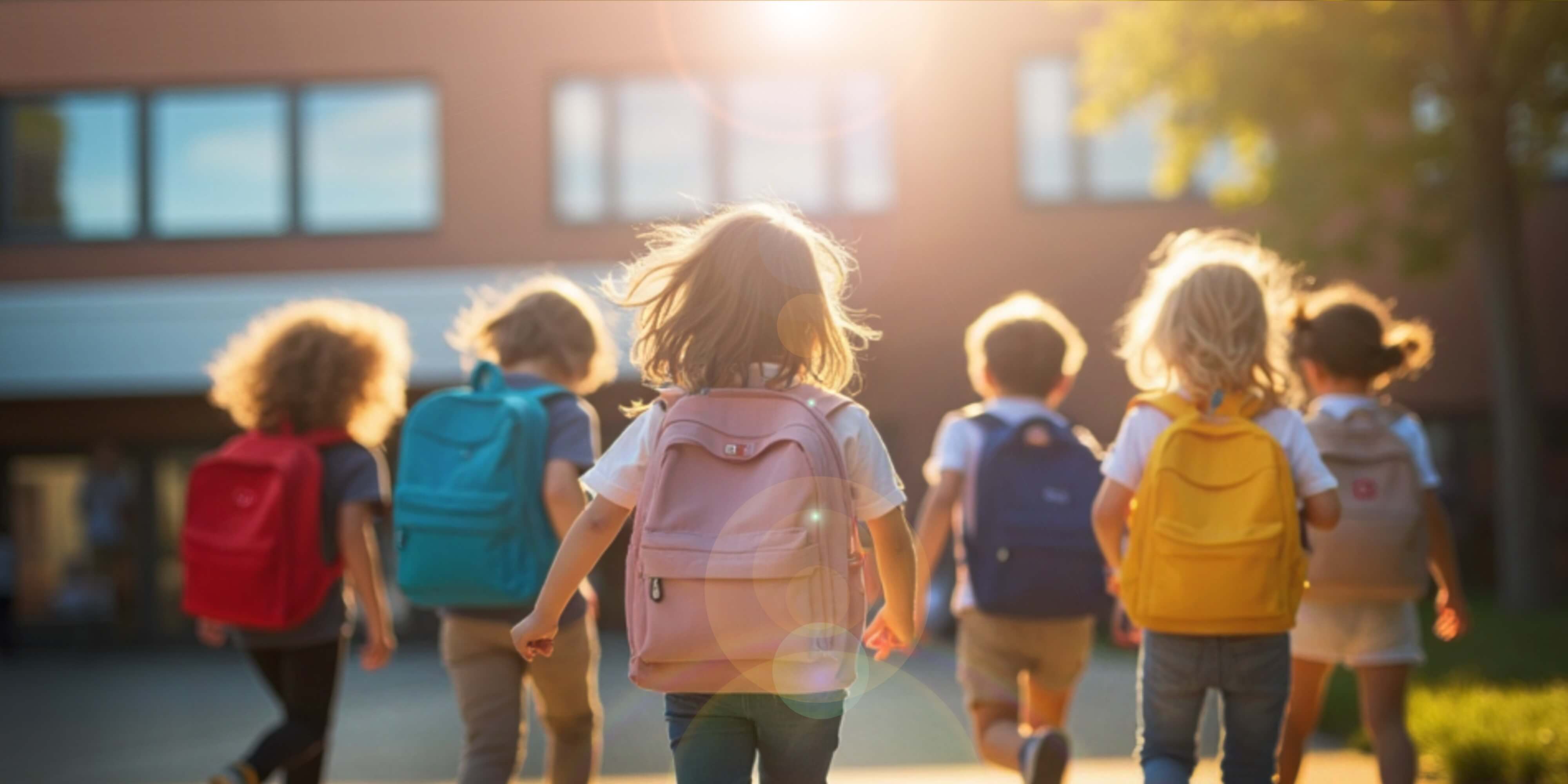 Group of primary school children in backpacks walking towards a school building