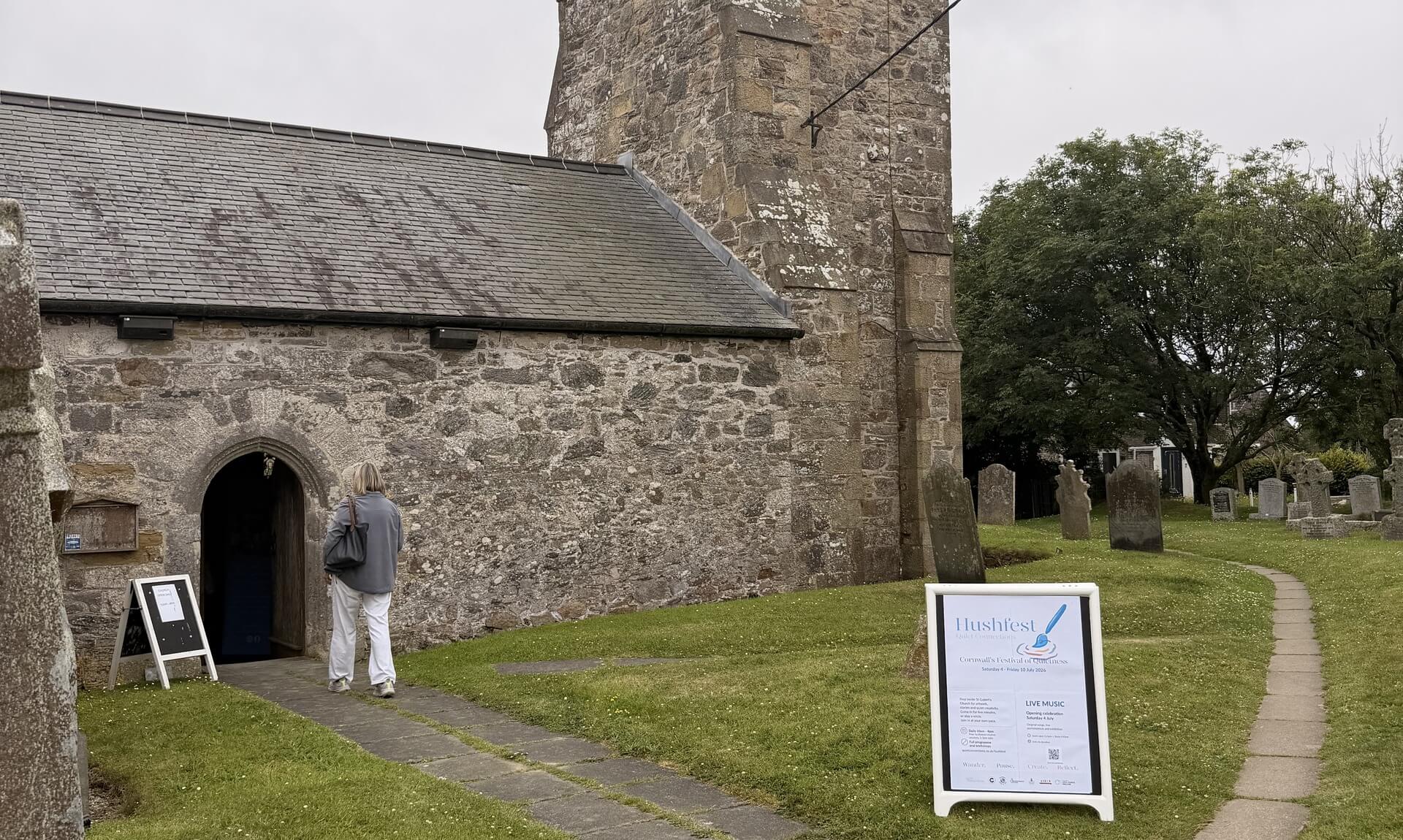 HushFest sign outside St Cubert Church, Cubert