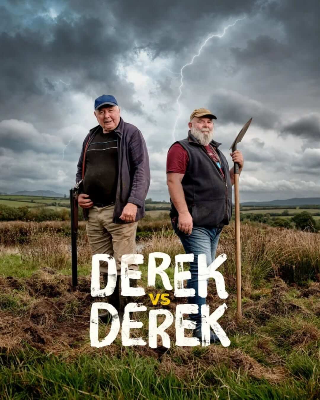 Derek Banbury and Derek Gow standing in a Devon field under a stormy sky, poster for the film Derek vs Derek