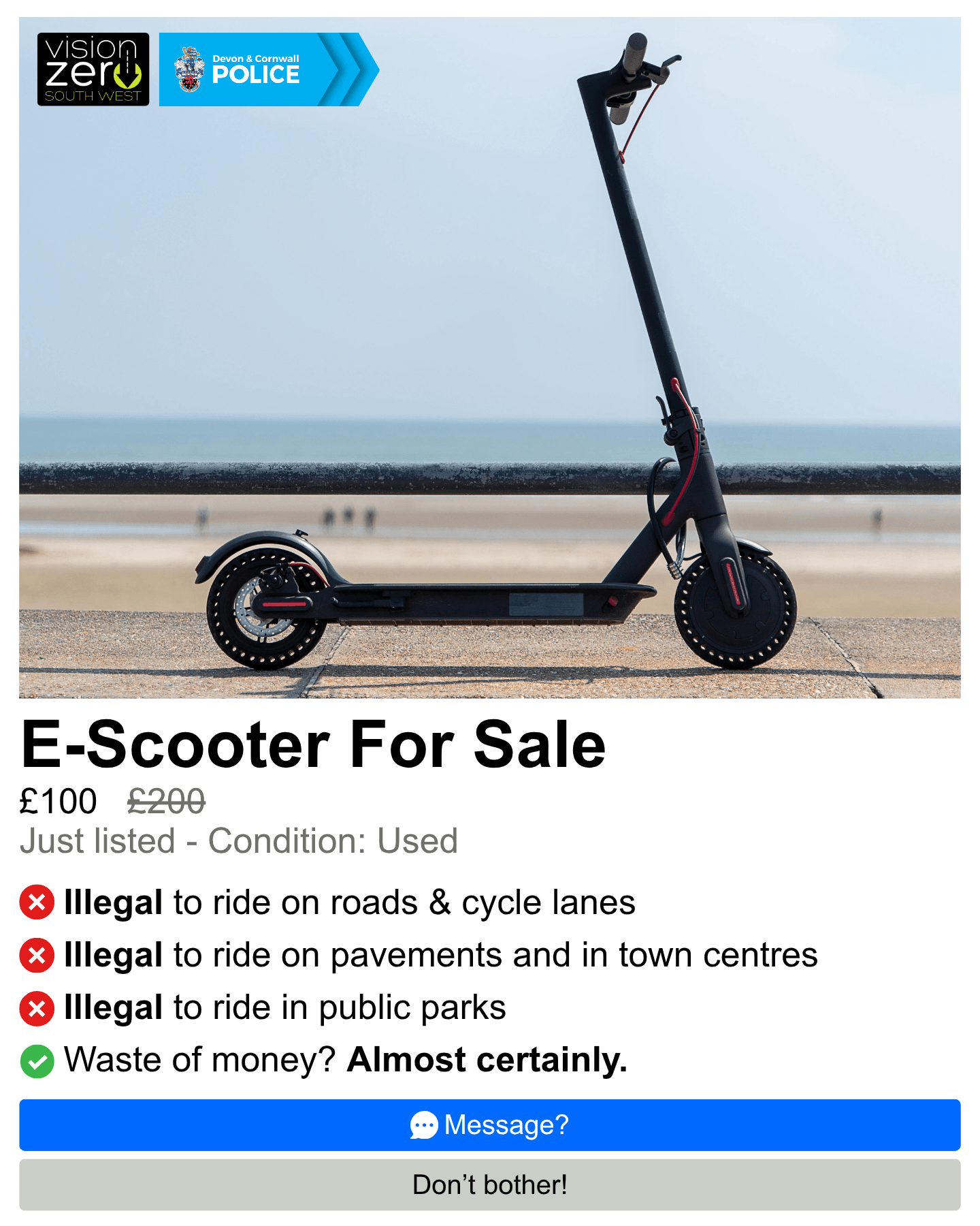 Devon & Cornwall Police mock for-sale listing warning that e-scooters are illegal to ride on roads, pavements and in parks