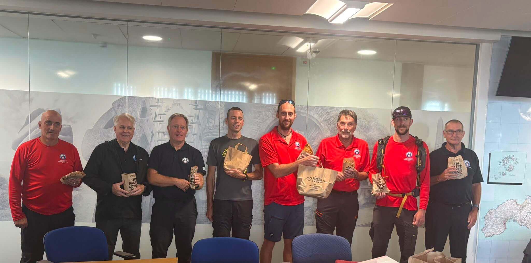 East Cornwall Search & Rescue Team volunteers holding pasties from The Cornish Oven