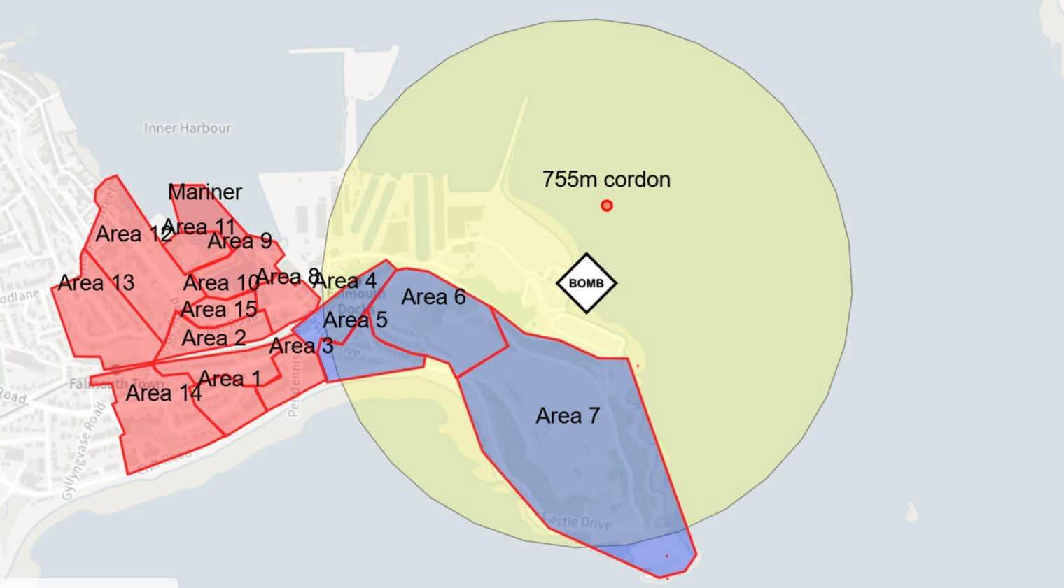 Map of the 755-metre bomb cordon around Falmouth Docks with numbered residential areas