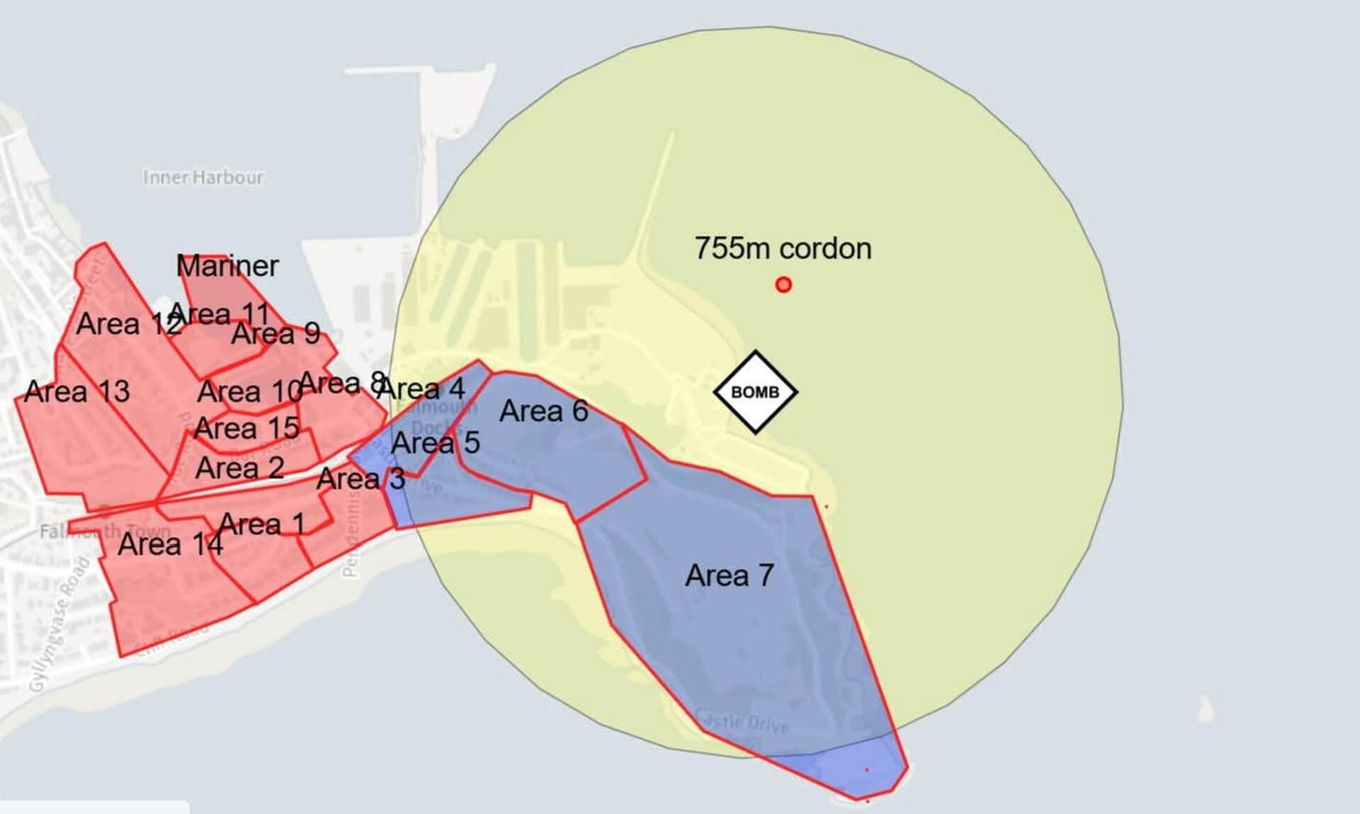 Map of the 755-metre bomb cordon around Falmouth Docks