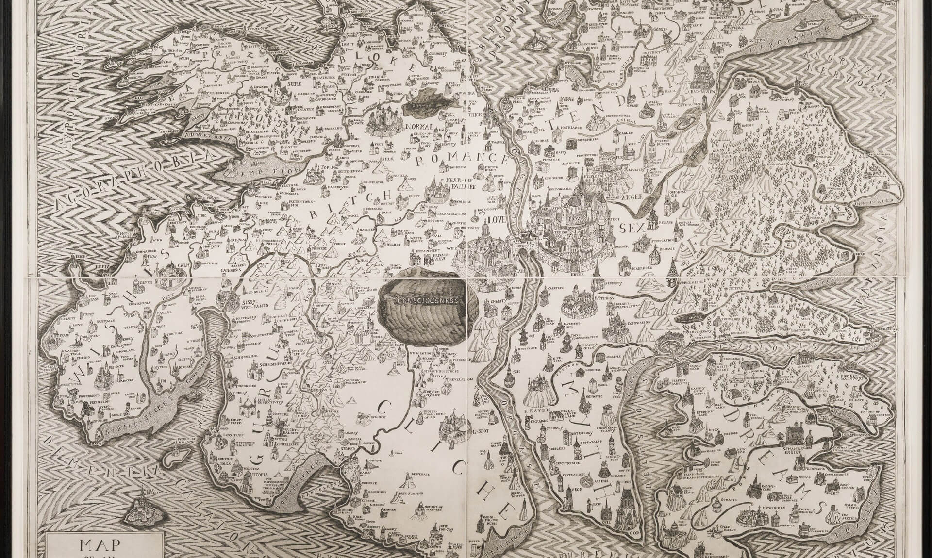 Map of an Englishman by Grayson Perry, an etched imagined map of the human mind